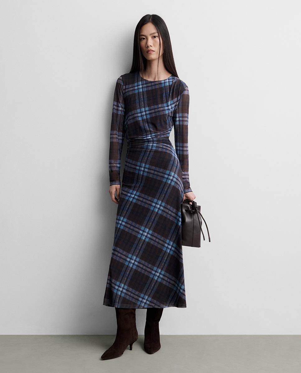 Vestido midi tul estampado de manga larga de cuello caja - Simorra - Azul Azul-1