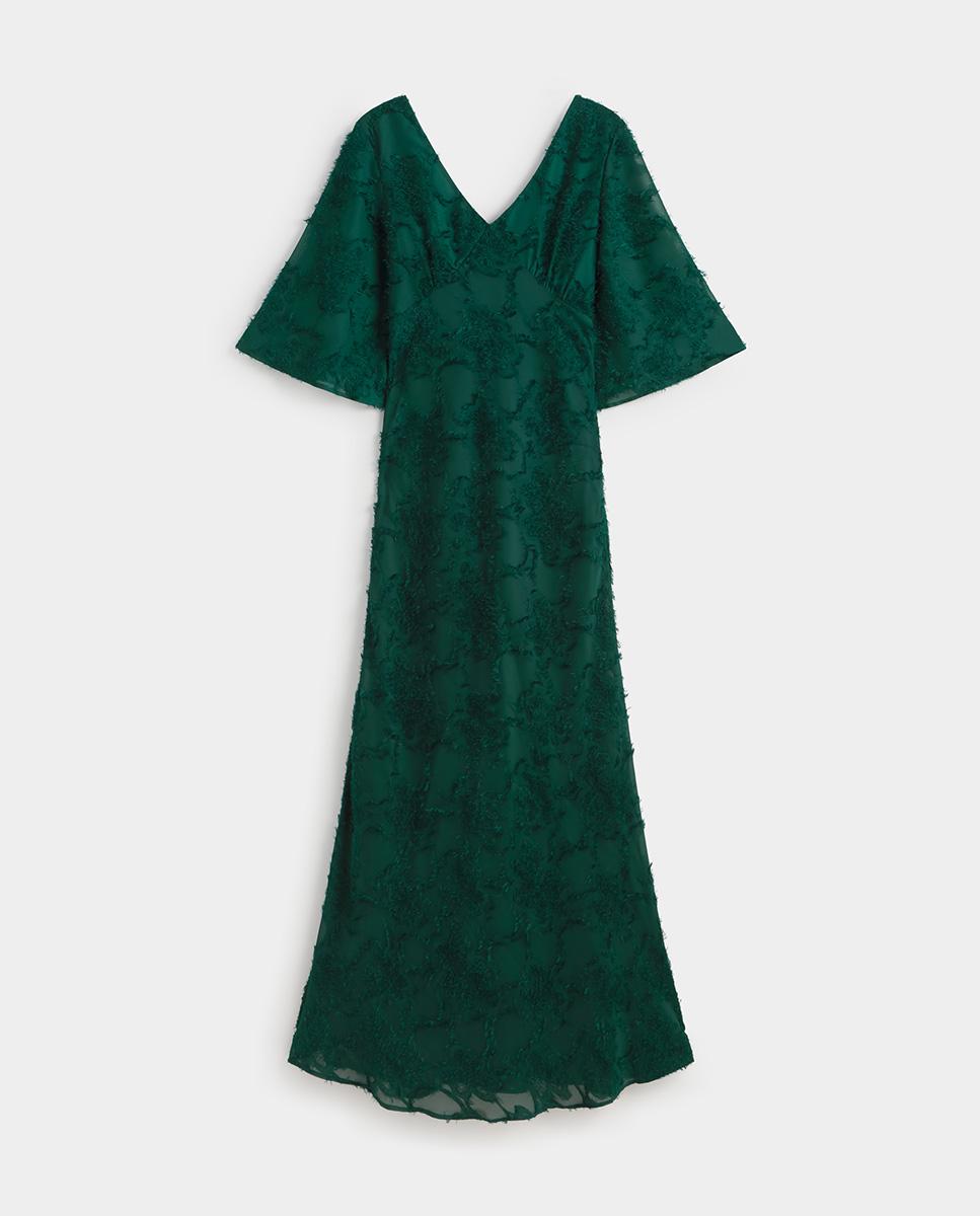 Vestido largo tejido fantasía de manga corta de escote pico - Simorra - Petróleo Petróleo-5