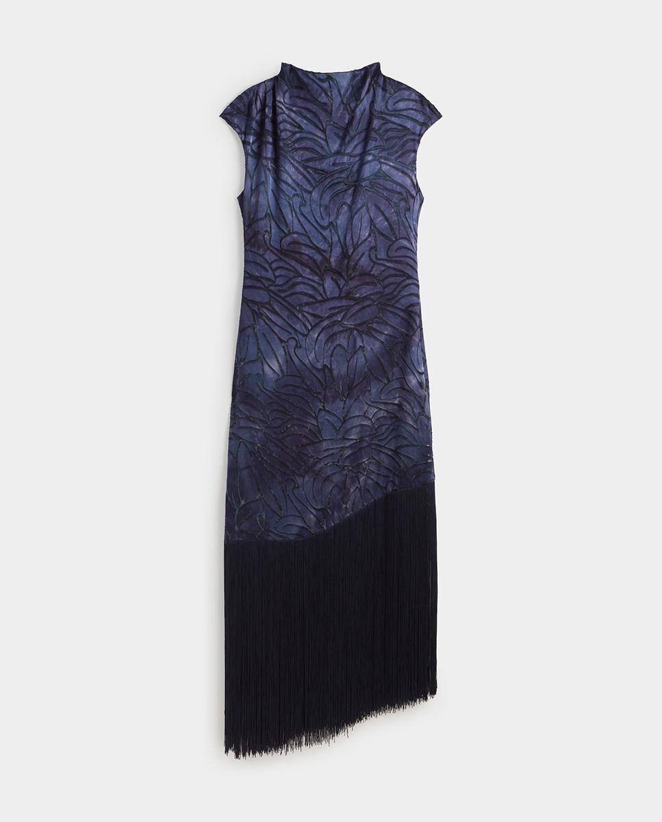Vestido midi flecos sin mangas de cuello chimenea - Simorra - Azul Azul-2