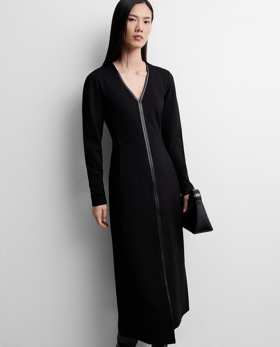 Vestido midi punto bicolor de manga larga de cuello caja - Simorra - Negro Negro-2