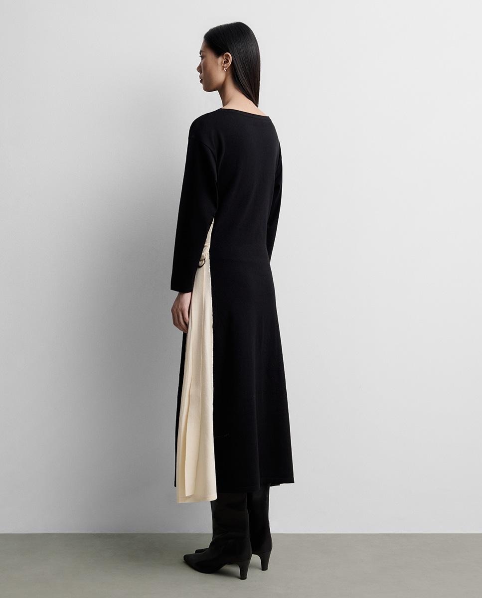 Vestido midi punto bicolor de manga larga de cuello caja - Simorra - Negro Negro-5