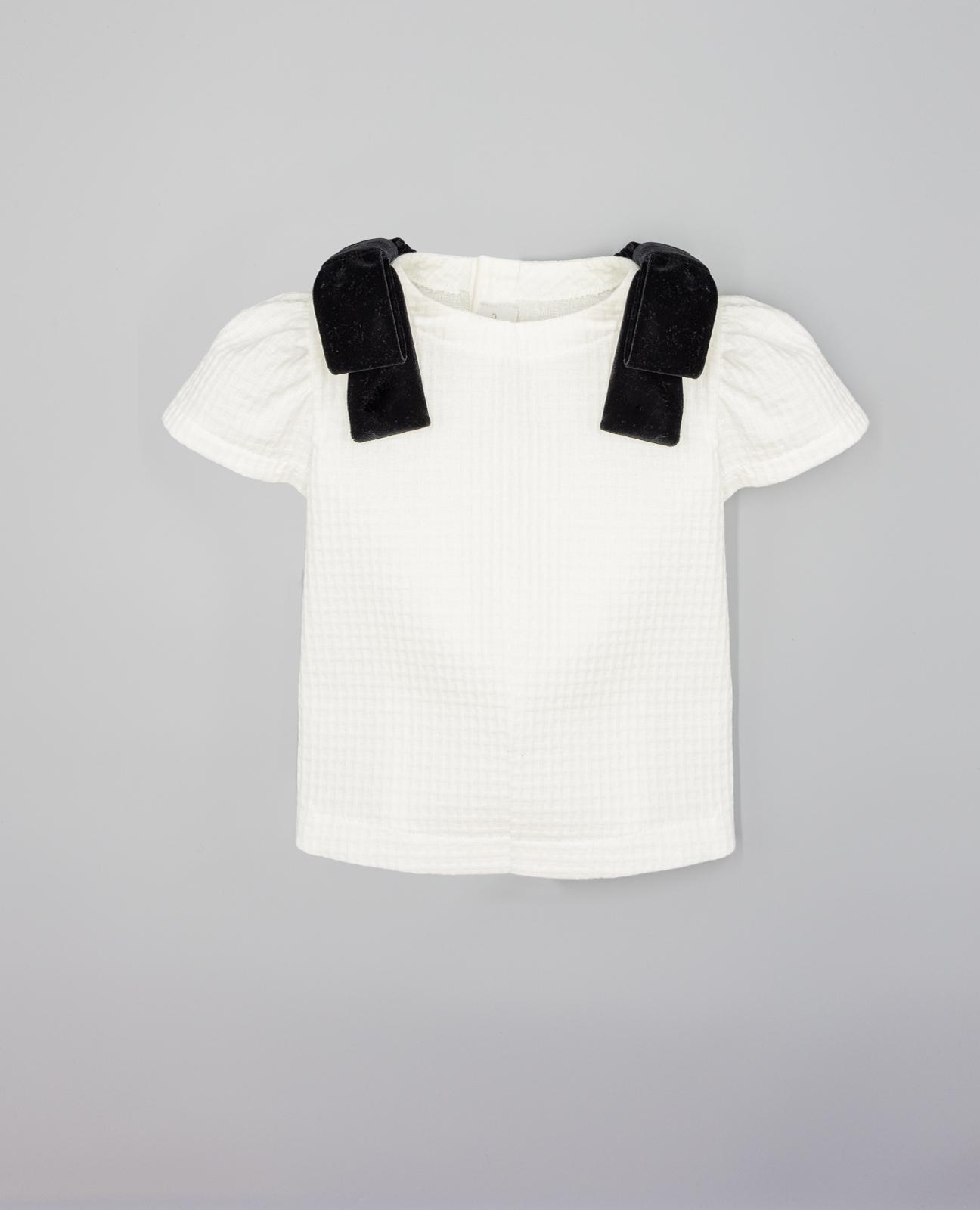 Camisa niña beige de algodón estructurado con lazos de terciopelo negro - Fina Ejerique - Blanco Blanco-3