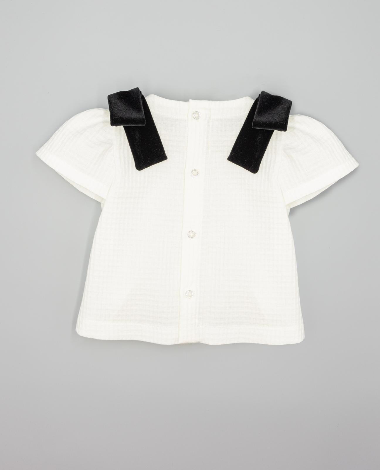 Camisa niña beige de algodón estructurado con lazos de terciopelo negro - Fina Ejerique - Blanco Blanco-2