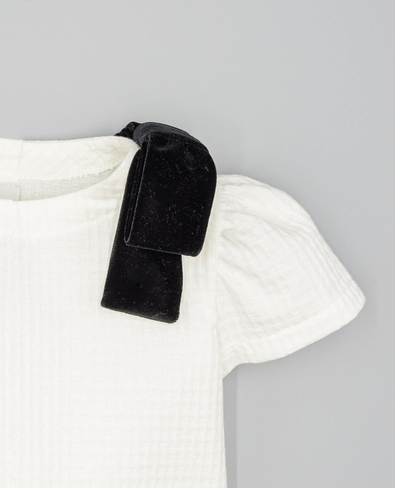 Camisa niña beige de algodón estructurado con lazos de terciopelo negro - Fina Ejerique - Blanco Blanco-4