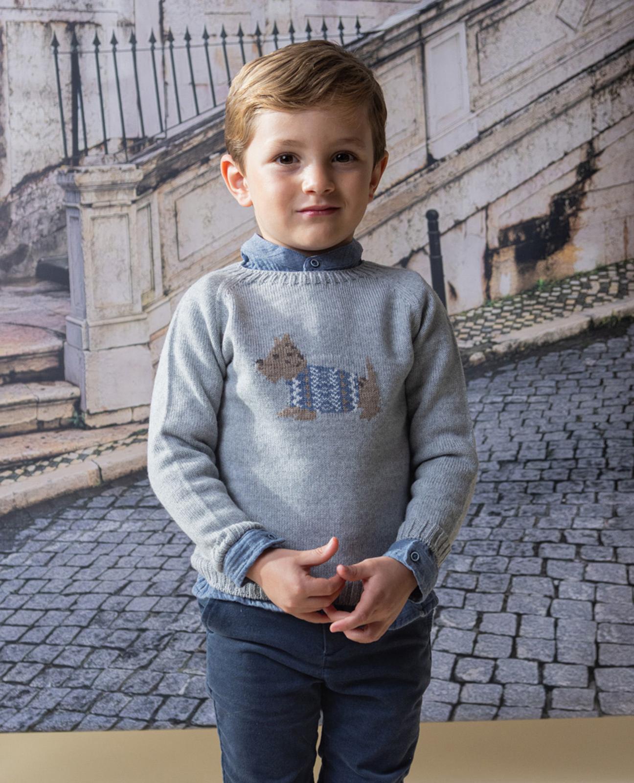 Jersey gris de lana merino con intarsia de perro - Fina Ejerique - Gris Gris-1