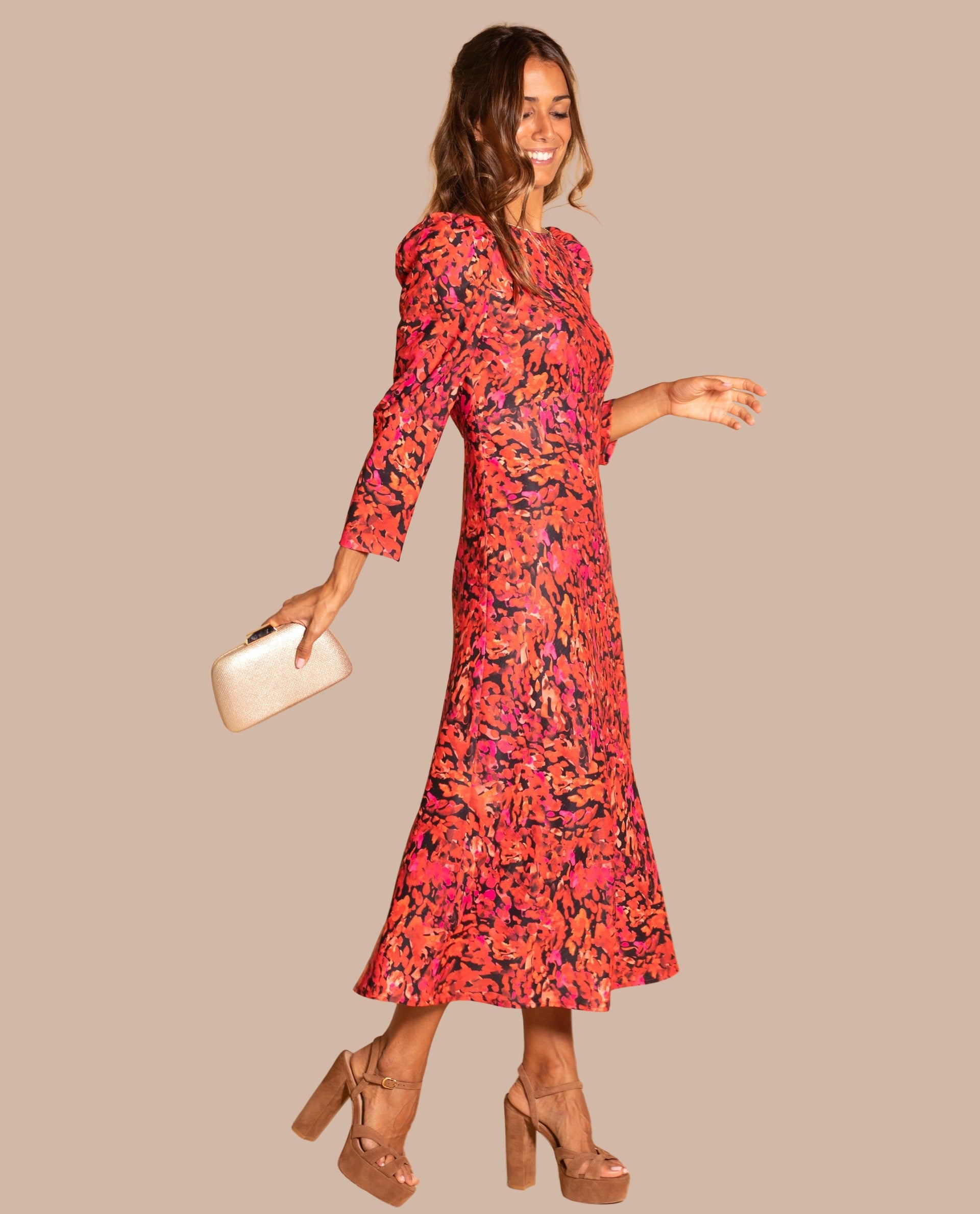 Vestido midi con mangas para invitadas - The-Are - Rojo Rojo-2