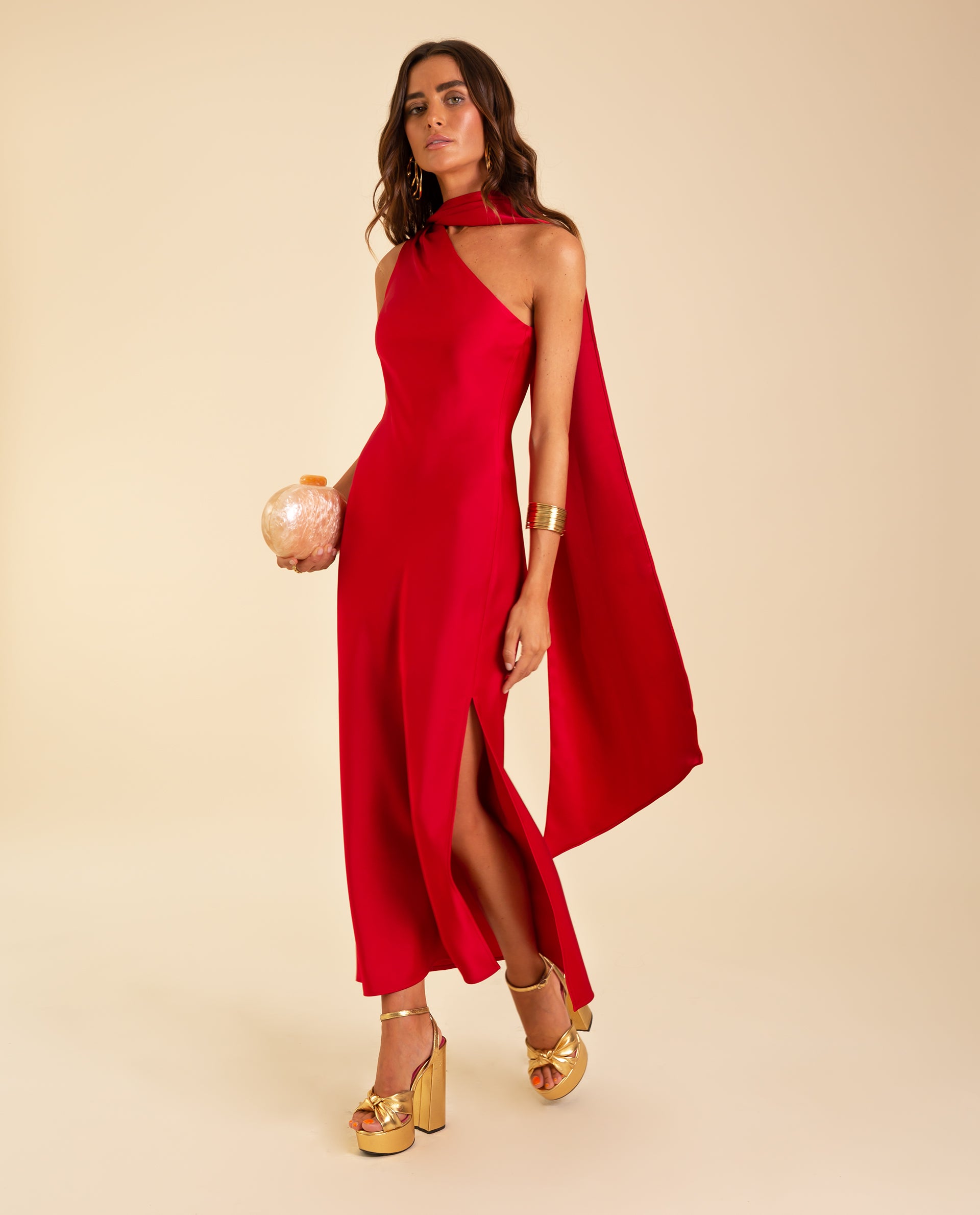 Vestido midi asimétrico con lazada - The-Are - Rojo Rojo-2