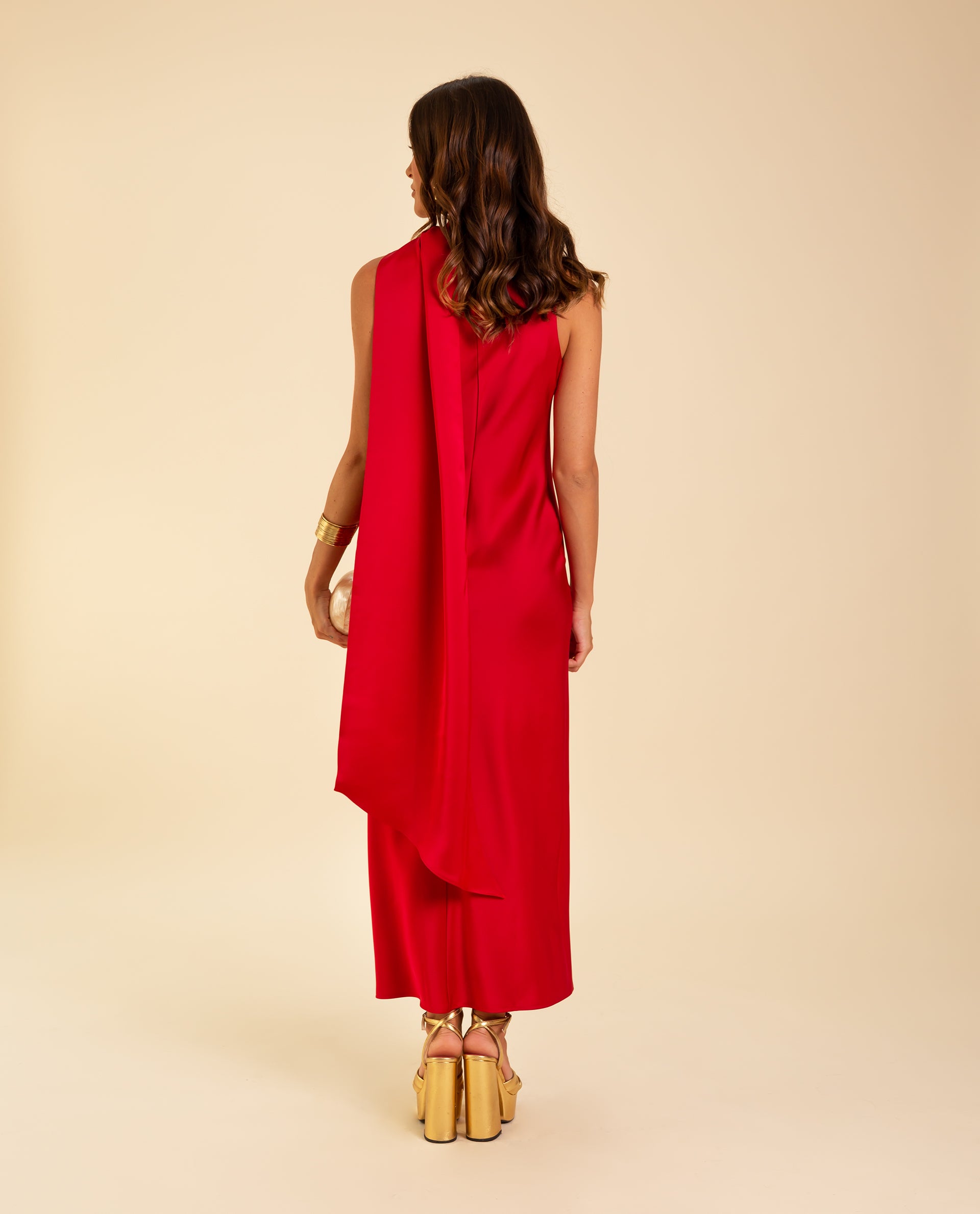 Vestido midi asimétrico con lazada - The-Are - Rojo Rojo-3