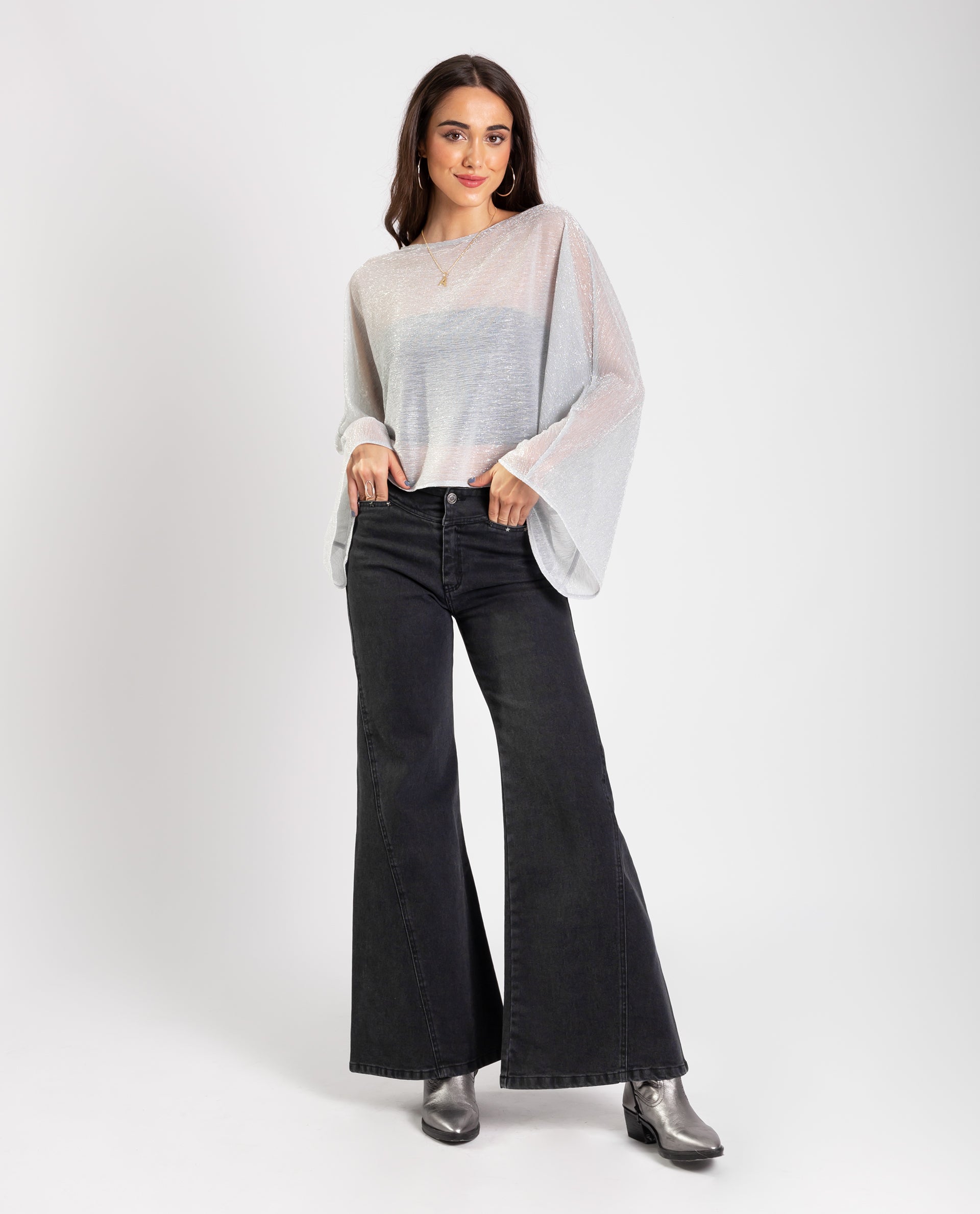 Jersey de mujer semitransparente con brillo - The-Are - Plateado Plateado-4