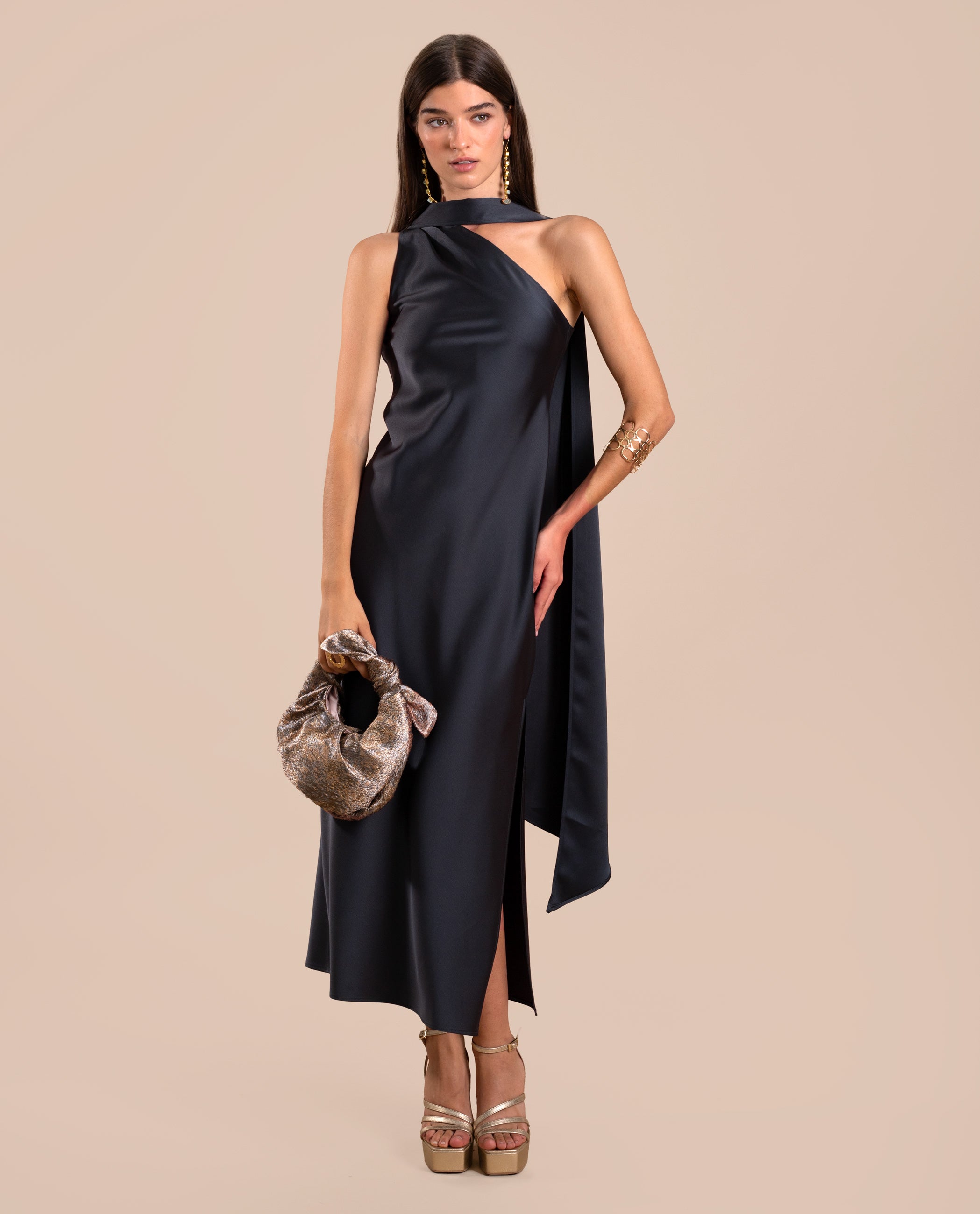 Vestido midi asimétrico con lazada - Gris oscuro Gris oscuro-1