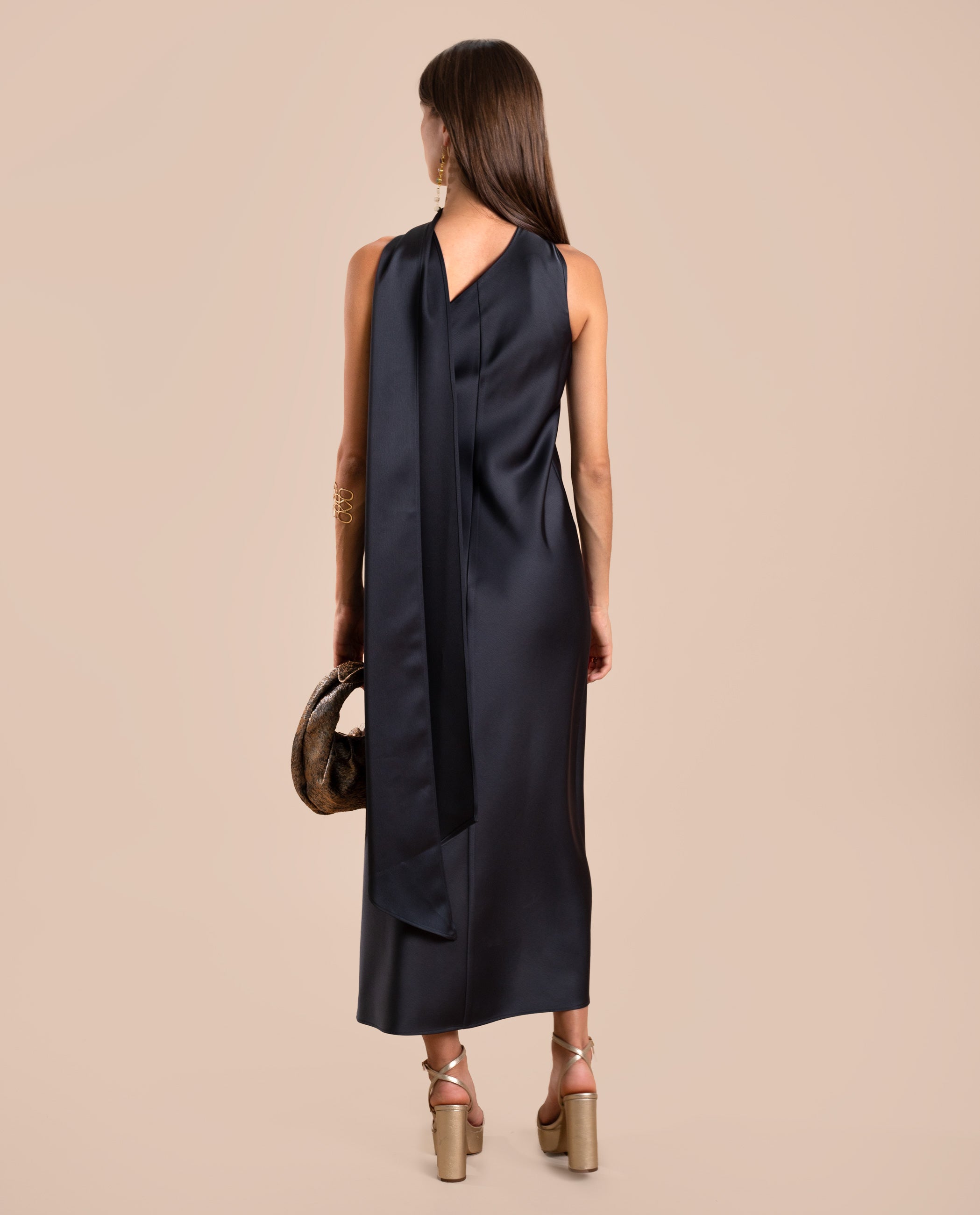 Vestido midi asimétrico con lazada - Gris oscuro Gris oscuro-4