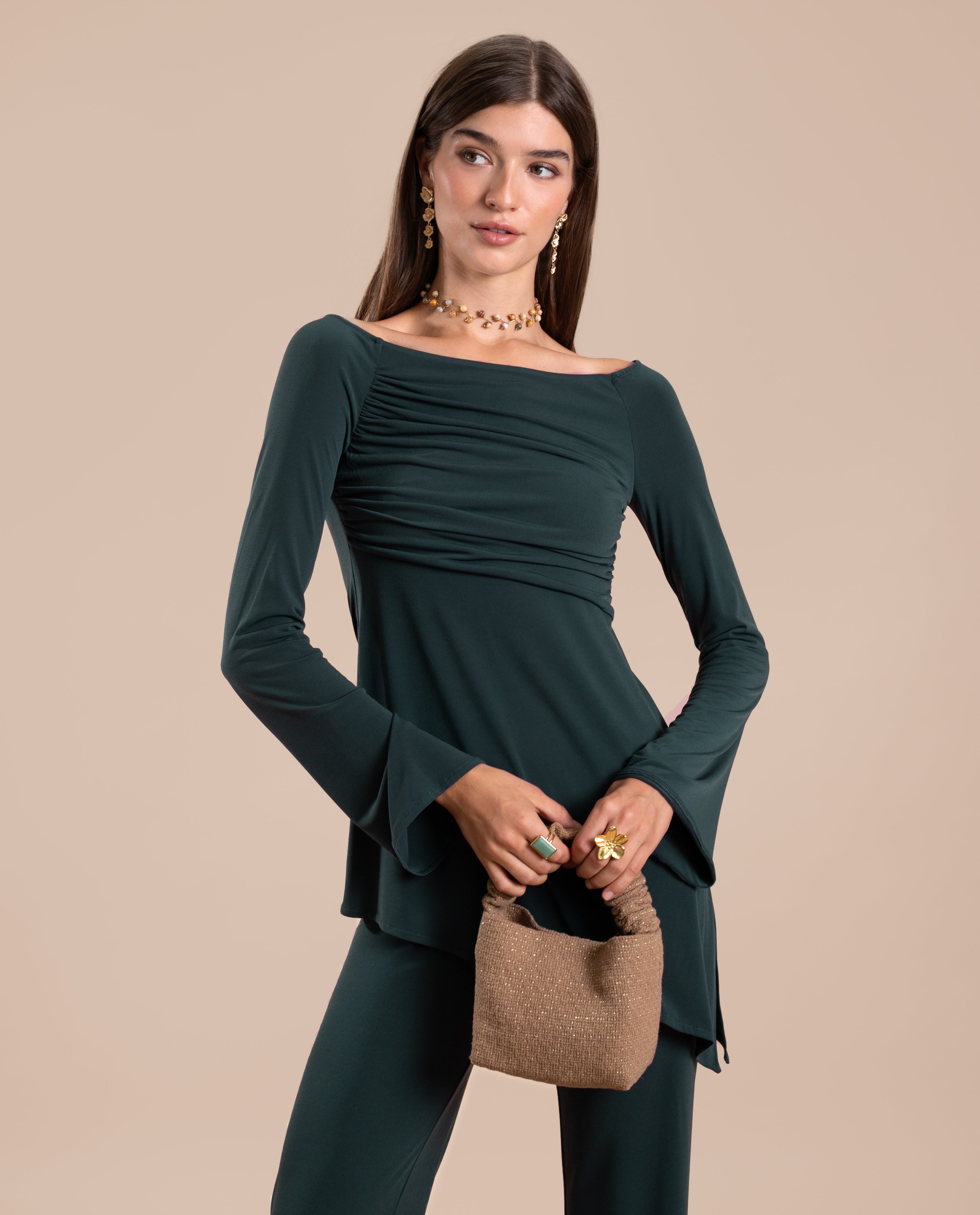 Top de mujer de manga larga con escote barco - The-Are - Verde oscuro Verde oscuro-1