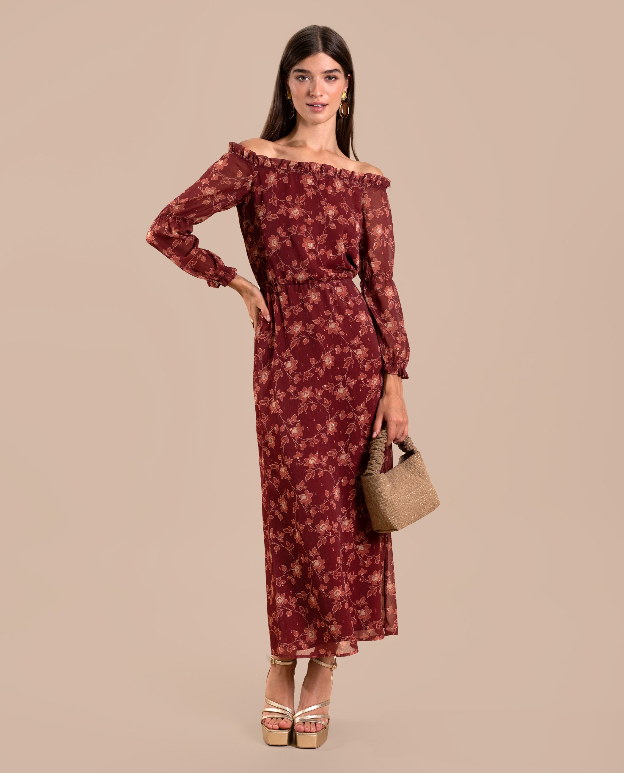 The-Are - Vestido midi manga larga palabra de honor.