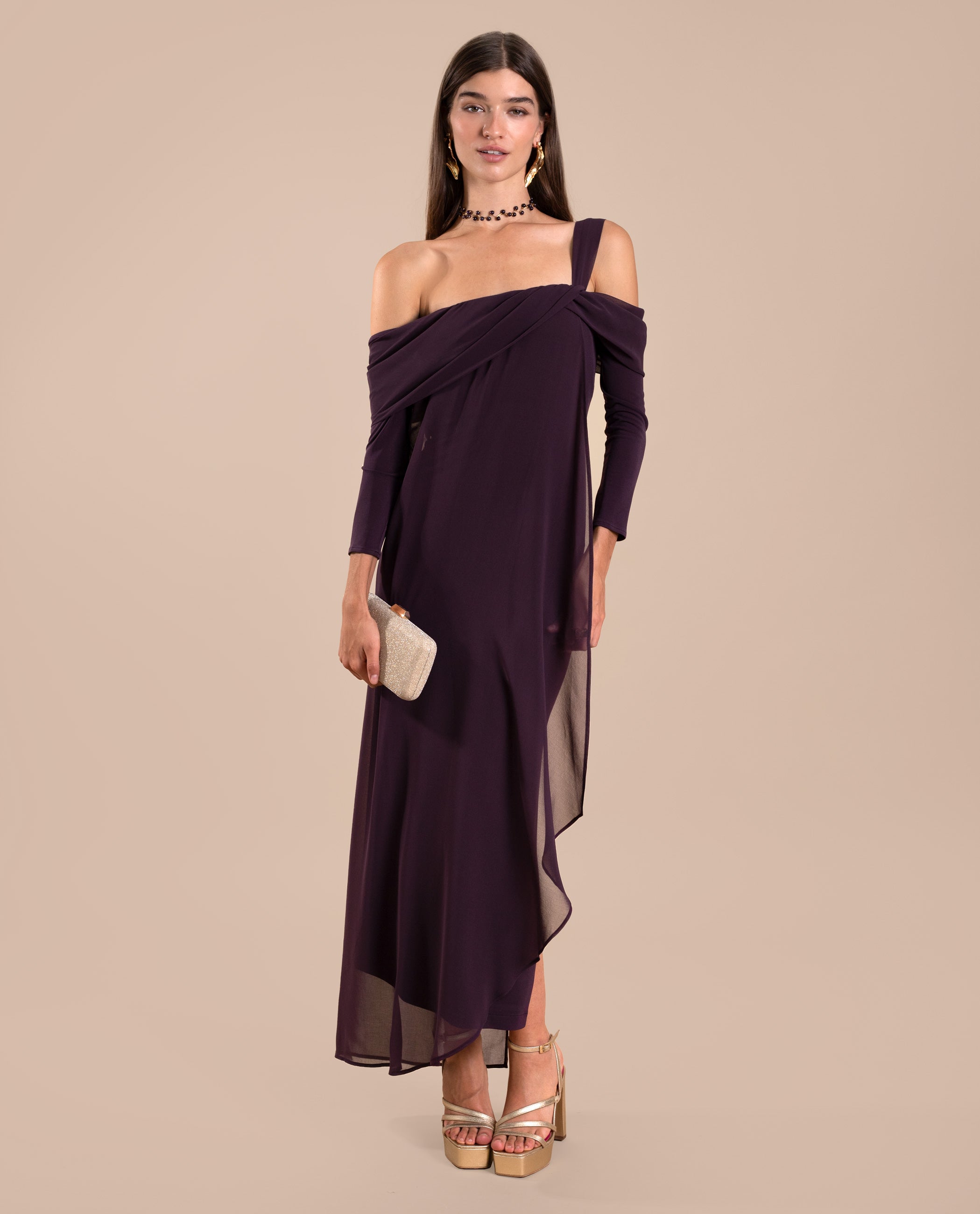 The-Are - Vestido midi de palabra de honor con mangas.