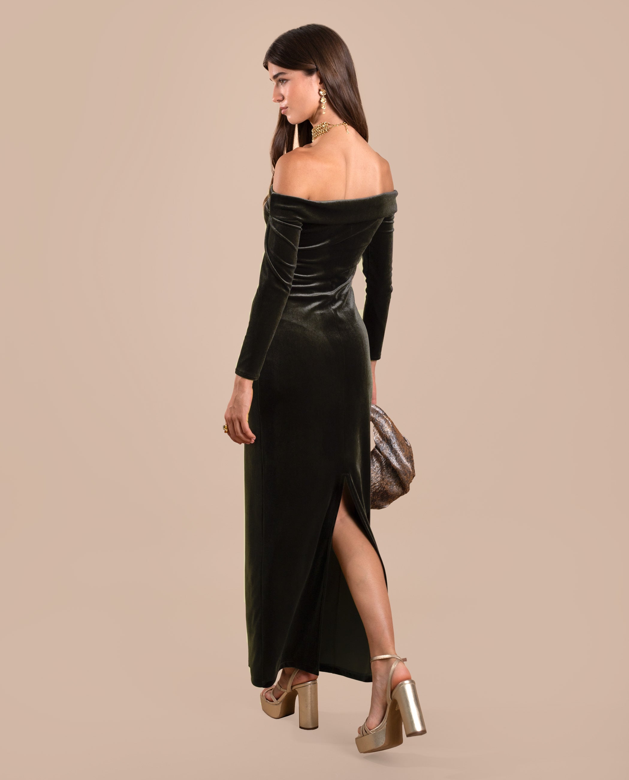 Vestido Comprido de Malha com Manga Preto-3