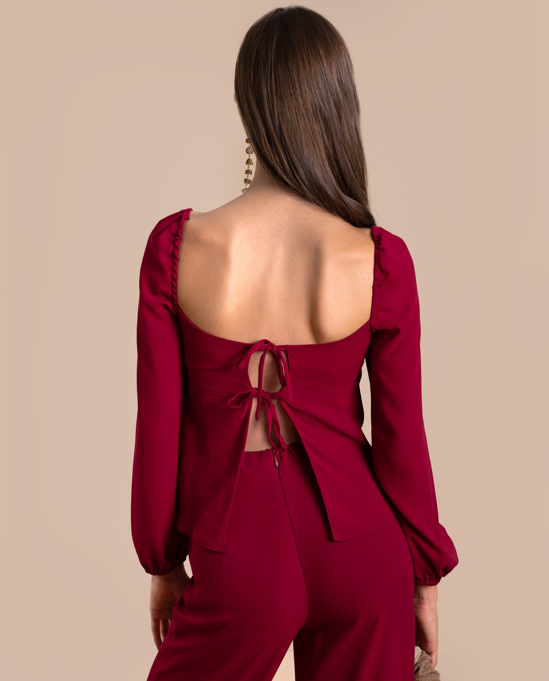 Blusa de Manga Comprida com Laços nas Costas Vermelho-3