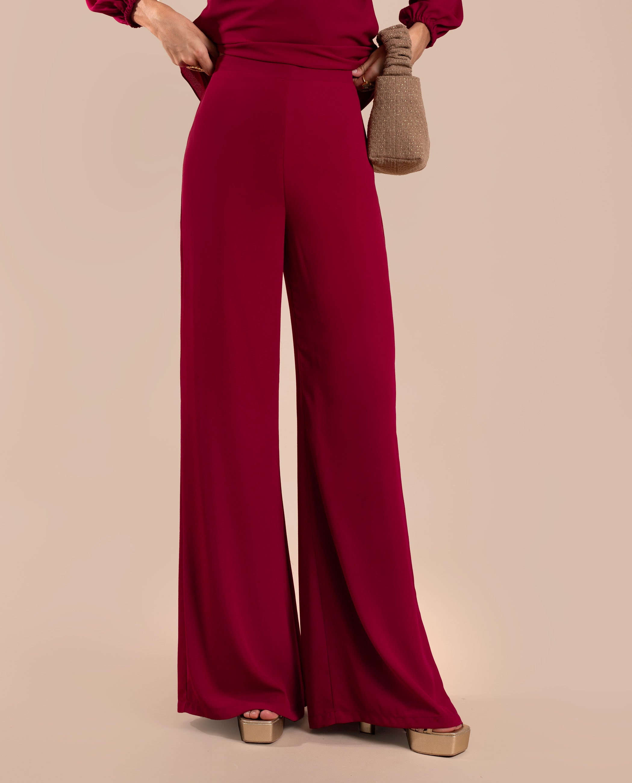 Pantalón de campana de talle alto de mujer - The-Are - Rojo Rojo-3