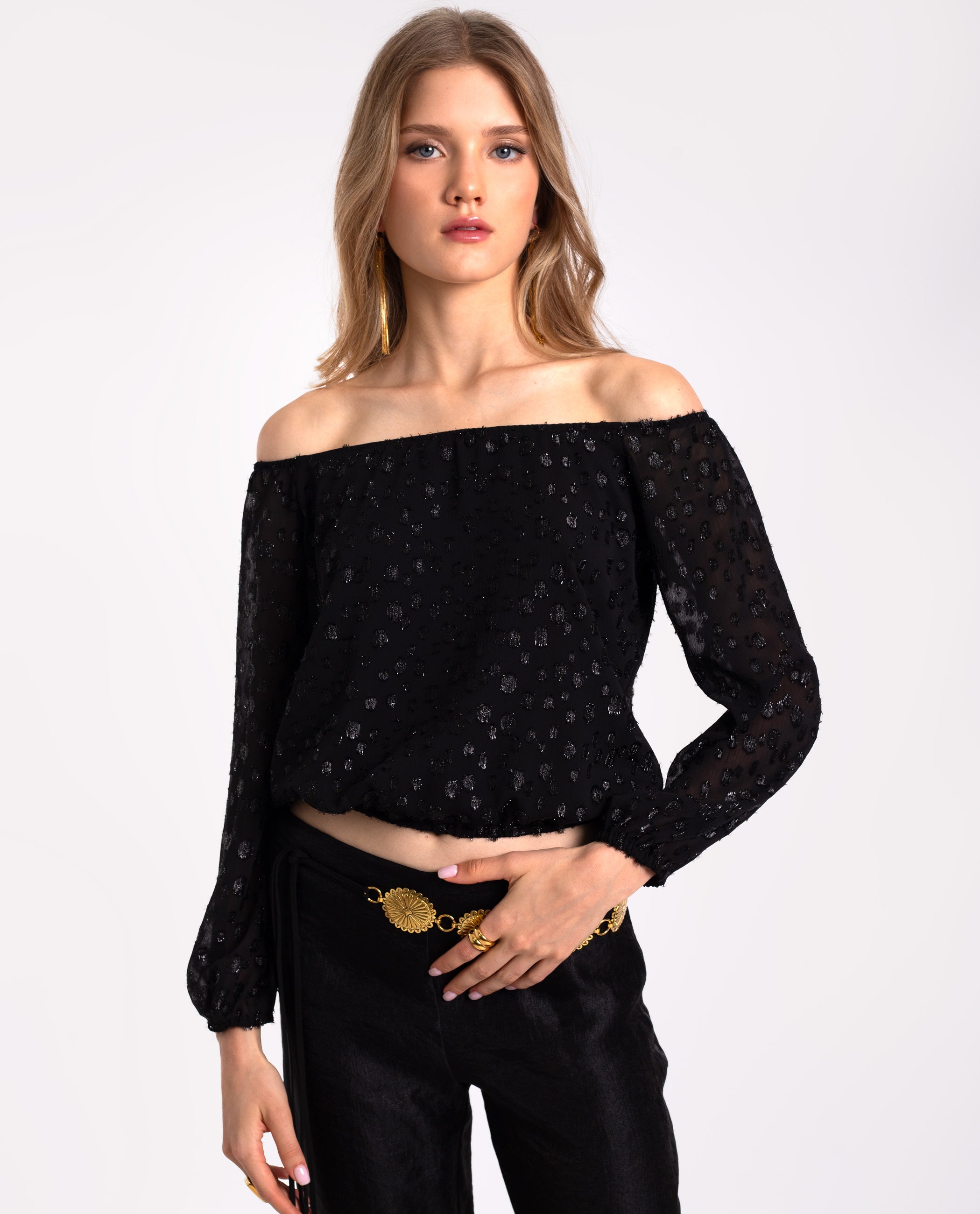 The-Are - Blusa con brillo y escote bardot de mujer.