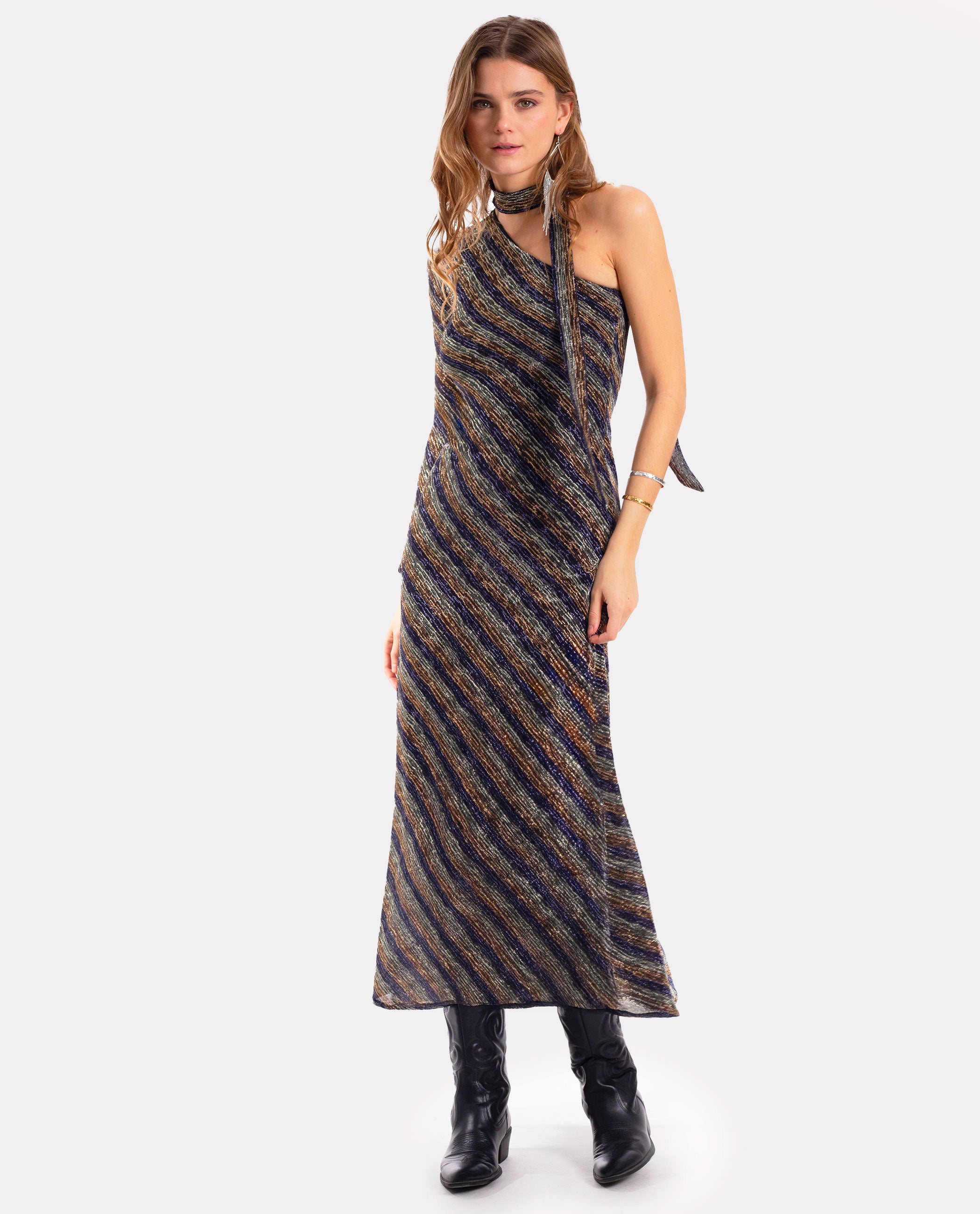 The-Are - Vestido largo con brillo de manga larga.