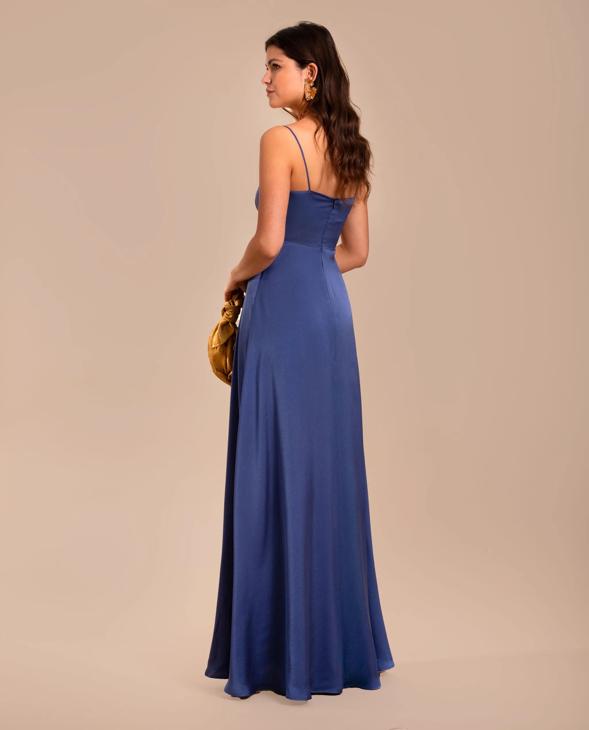 Vestido largo princesa de tirantes y escote drapeado - Azul Azul-3