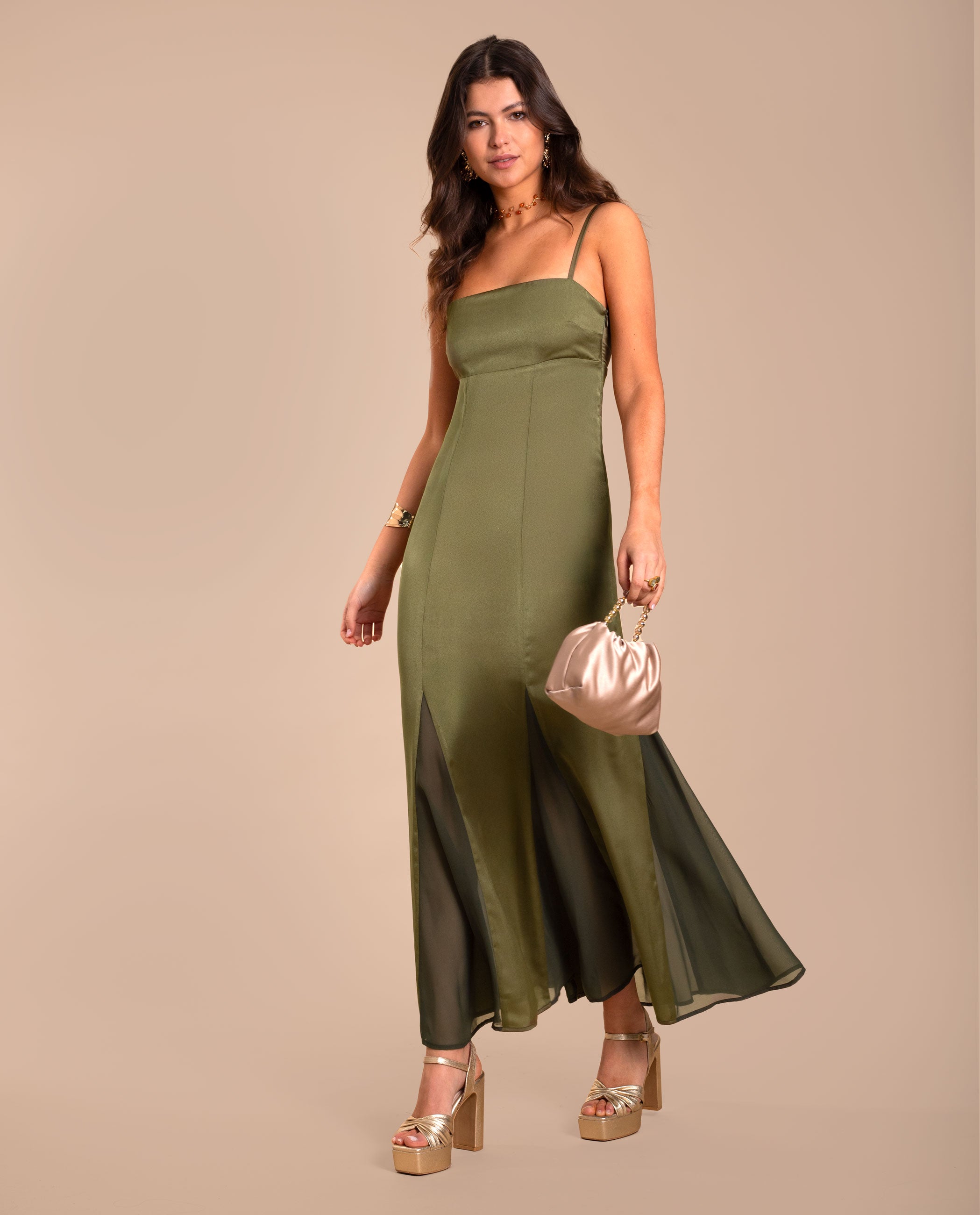 Vestido midi de corte imperio con tirantes - The-Are - Verde Oliva Verde Oliva-3
