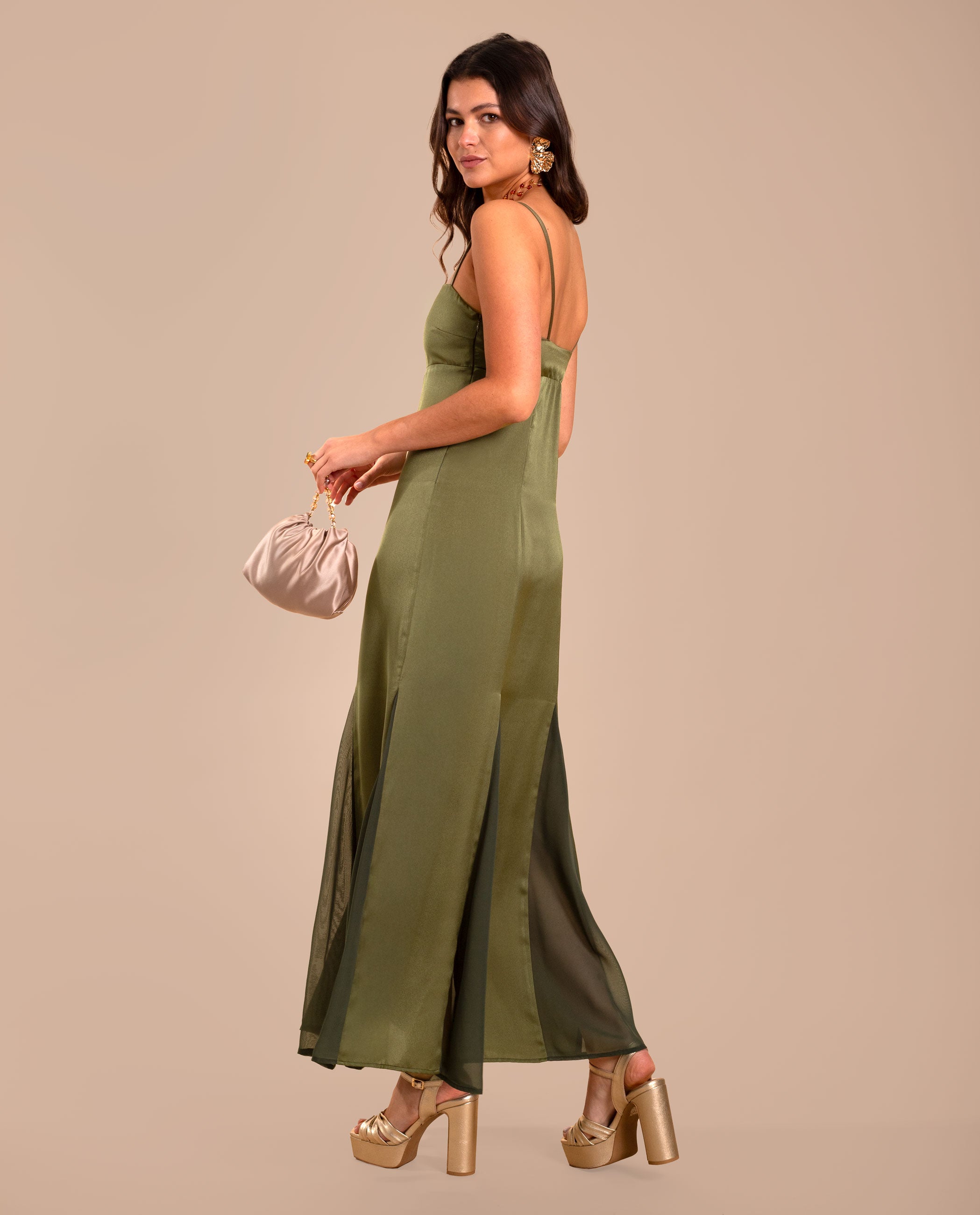 Vestido midi de corte imperio con tirantes - The-Are - Verde Oliva Verde Oliva-4