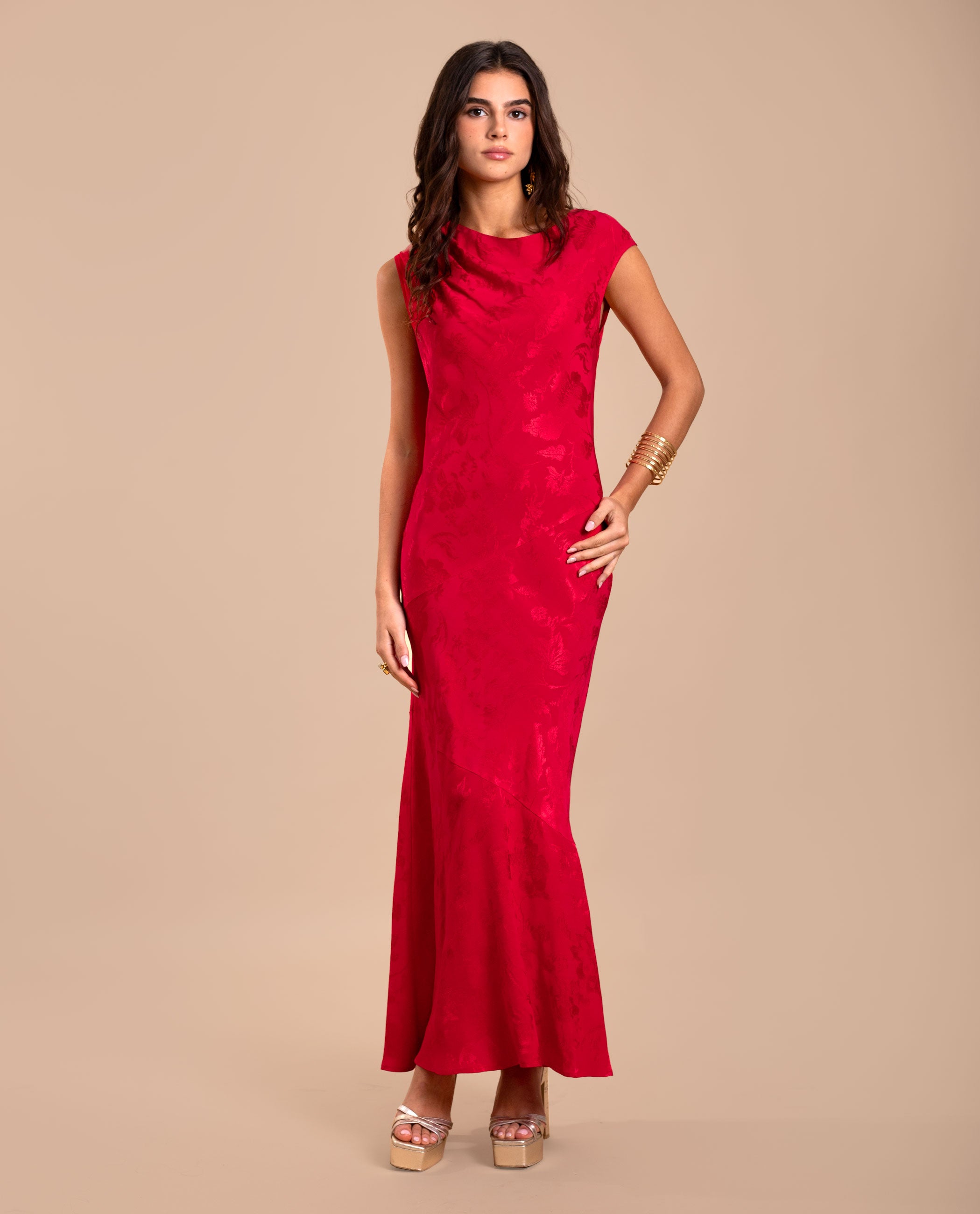 Vestido midi jacquard sin mangas - The-Are - Rojo Rojo-1