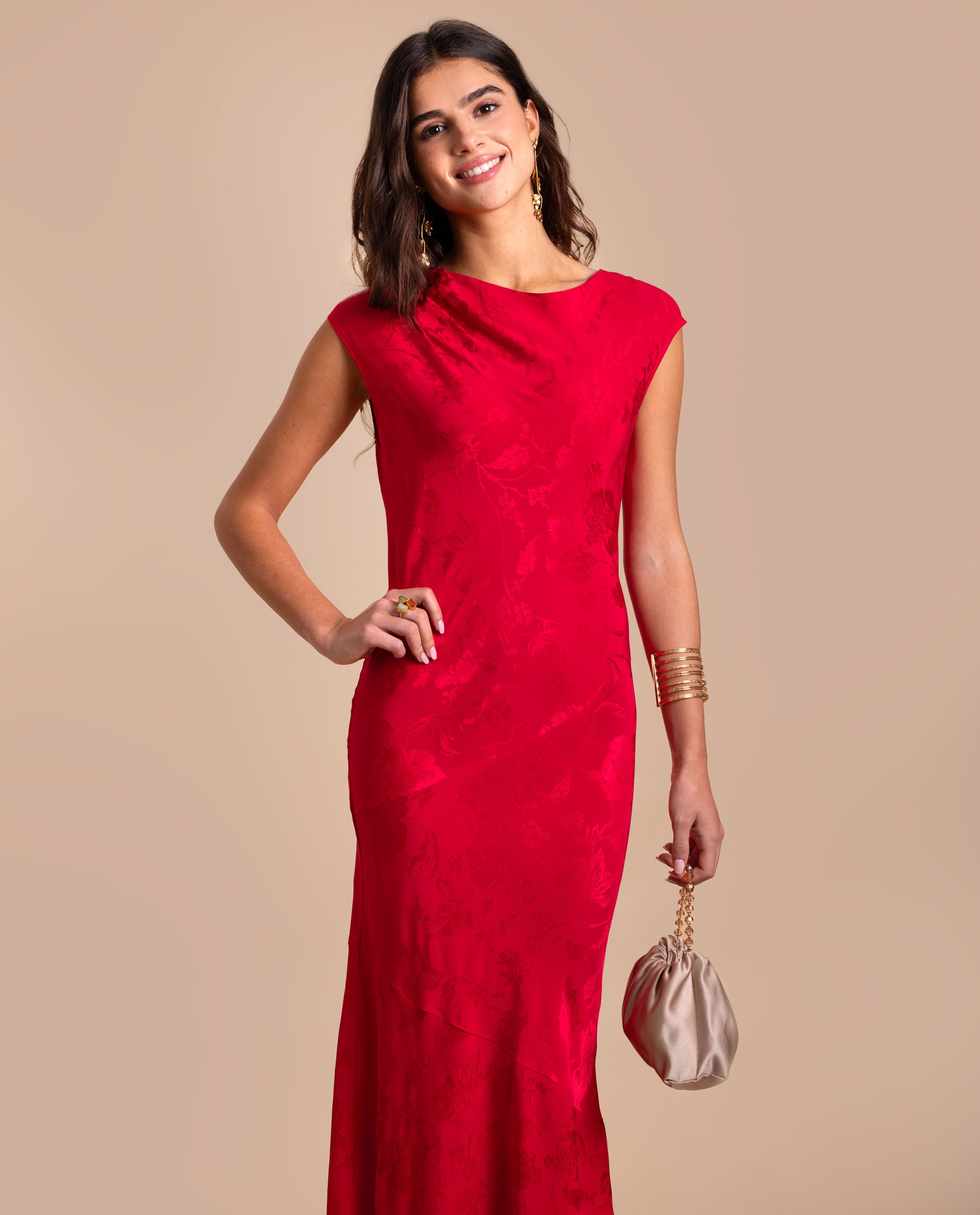 Vestido midi jacquard sin mangas - The-Are - Rojo Rojo-3