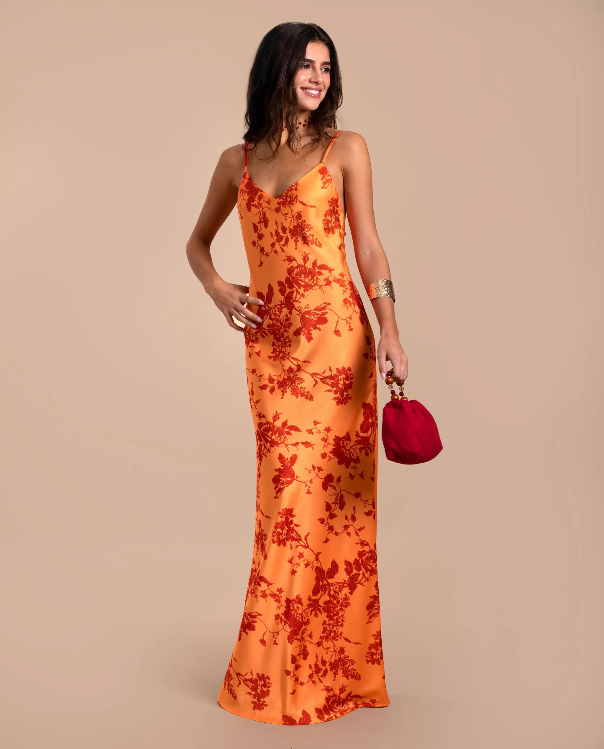 Vestido largo lencero con tirantes - The-Are - Naranja Naranja-2