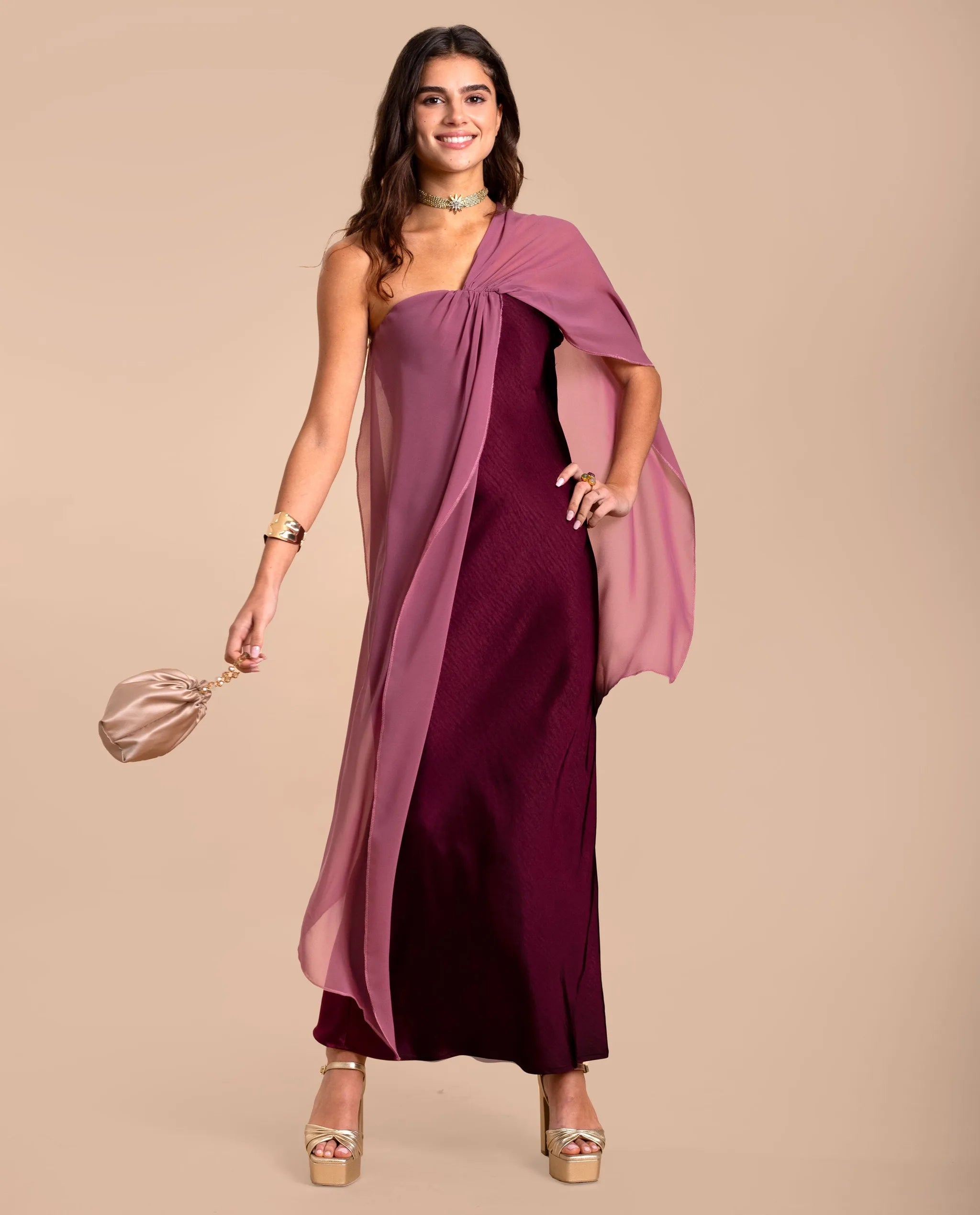 Vestido midi con escote palabra de honor y capa - The-Are - Rosa Rosa-2