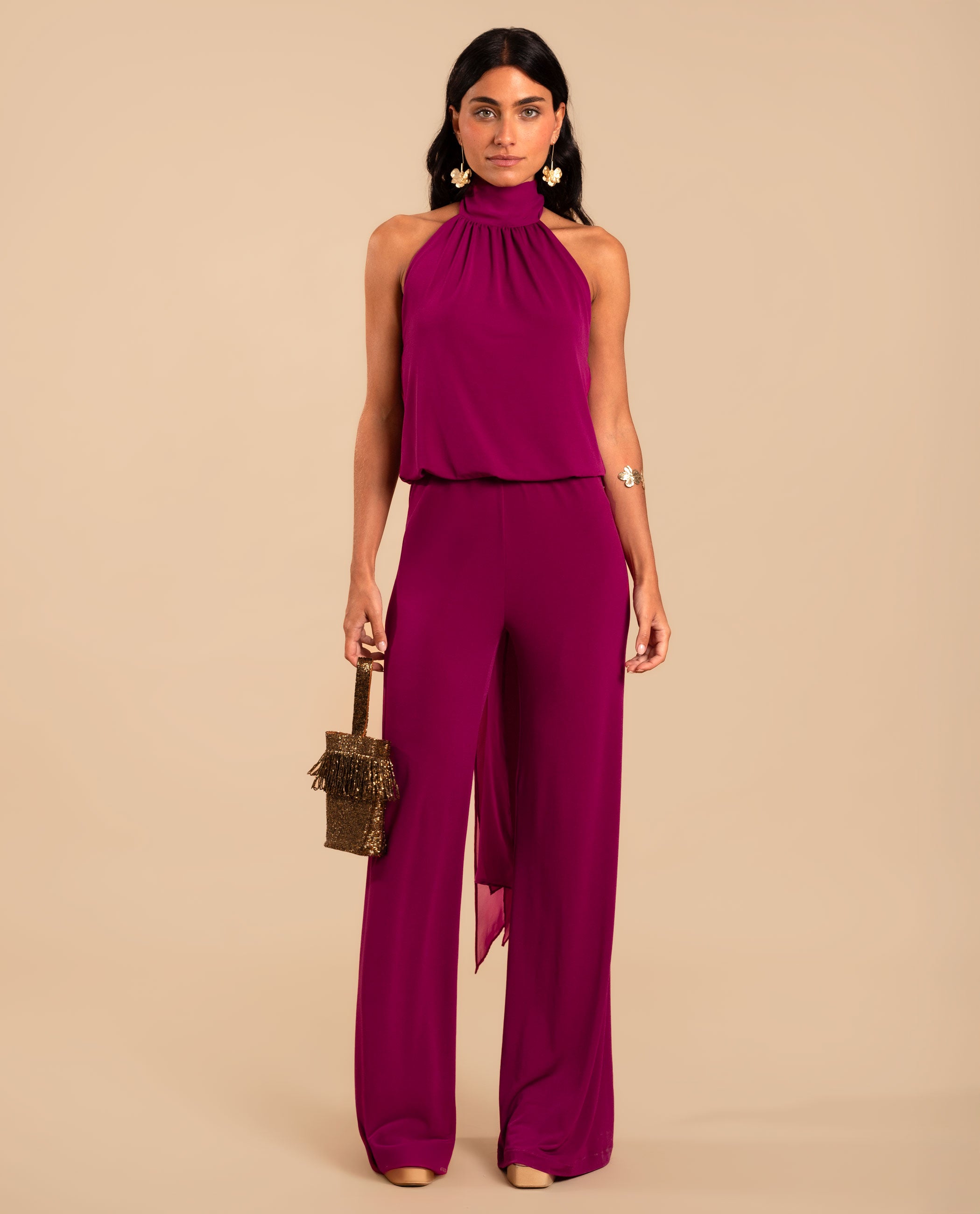 The-Are - Mono largo de punto con cuello halter y pierna ancha de mujer.