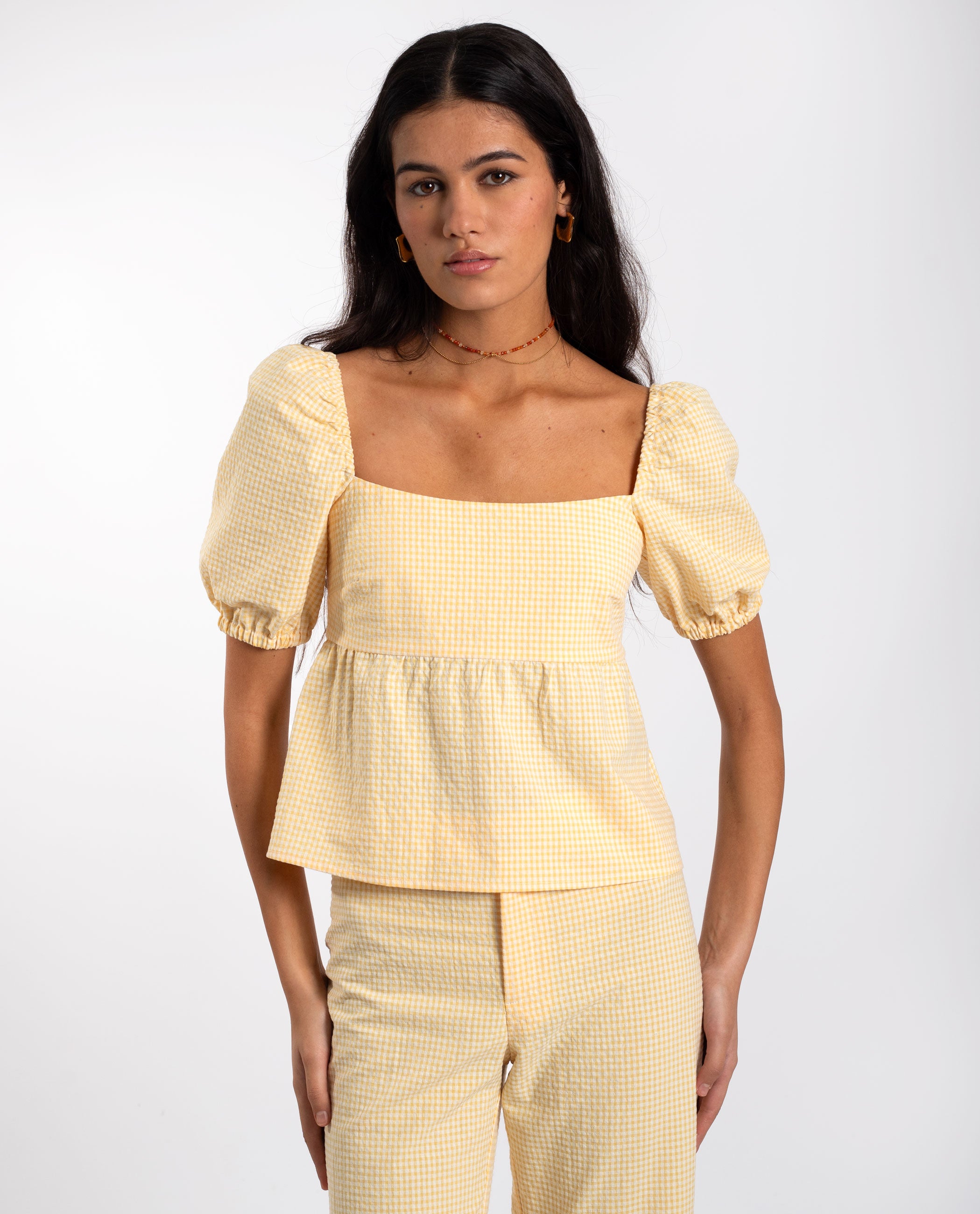 The-Are - Blusa de mujer con cuadros vichy y mangas abullonadas.