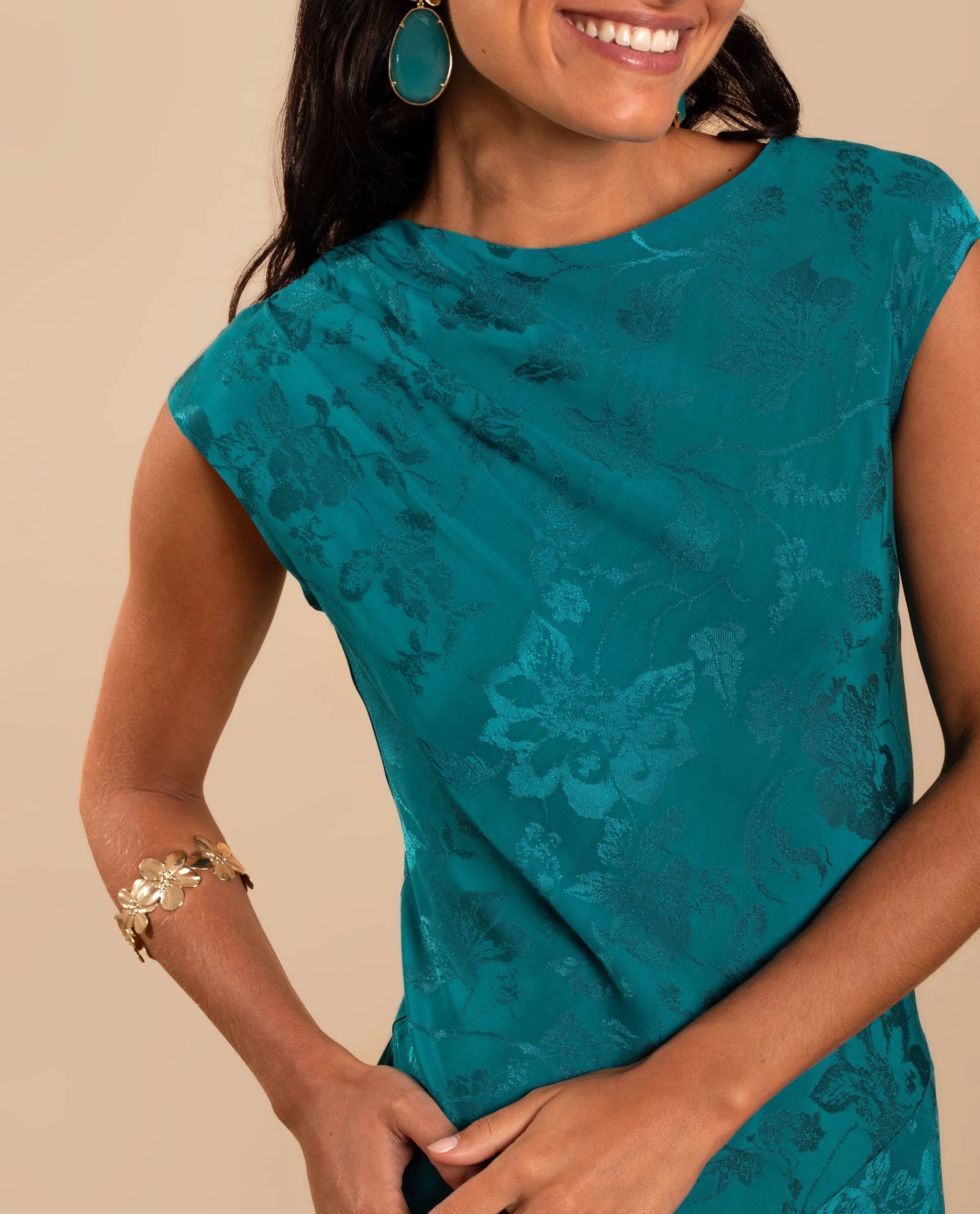 Vestido midi jacquard sin mangas - The-Are - Verde Verde-4