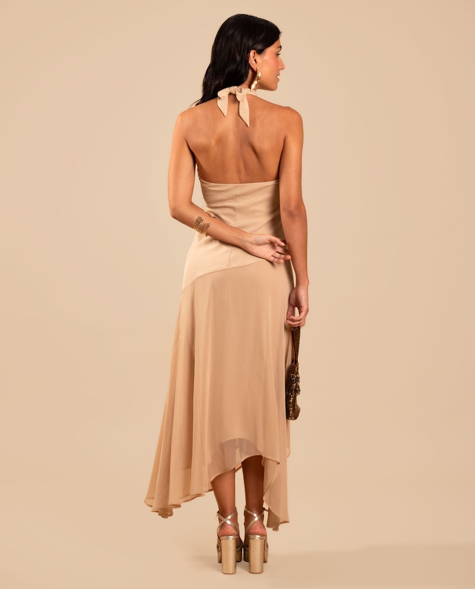 Vestidos asimétricos de chiffon con cuello halter y escote en V profundo Coral