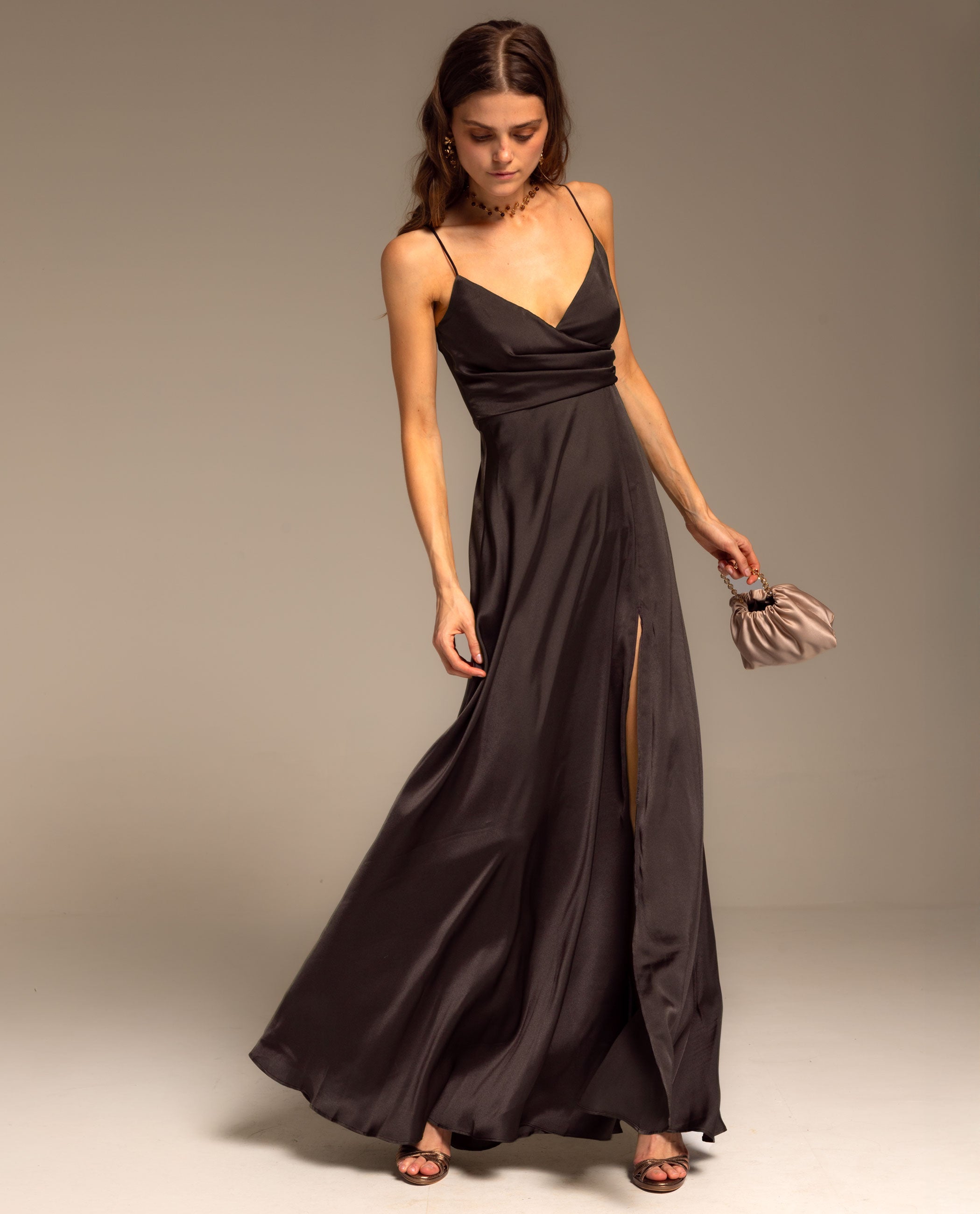 Vestido largo princesa de tirantes y escote drapeado - Negro Negro-1
