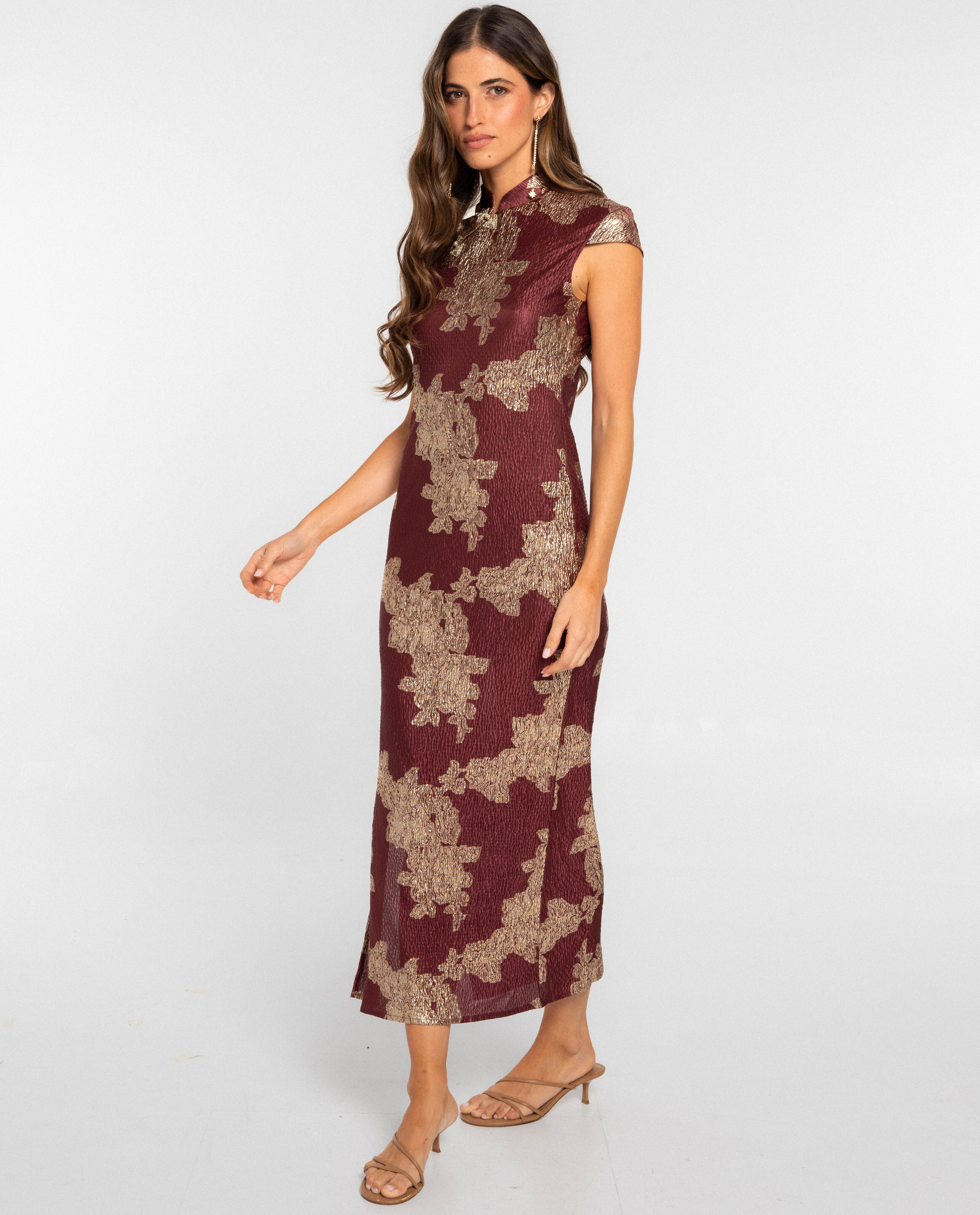 Imagen 2 de Vestido midi con escote de alamares - Burdeos Burdeos