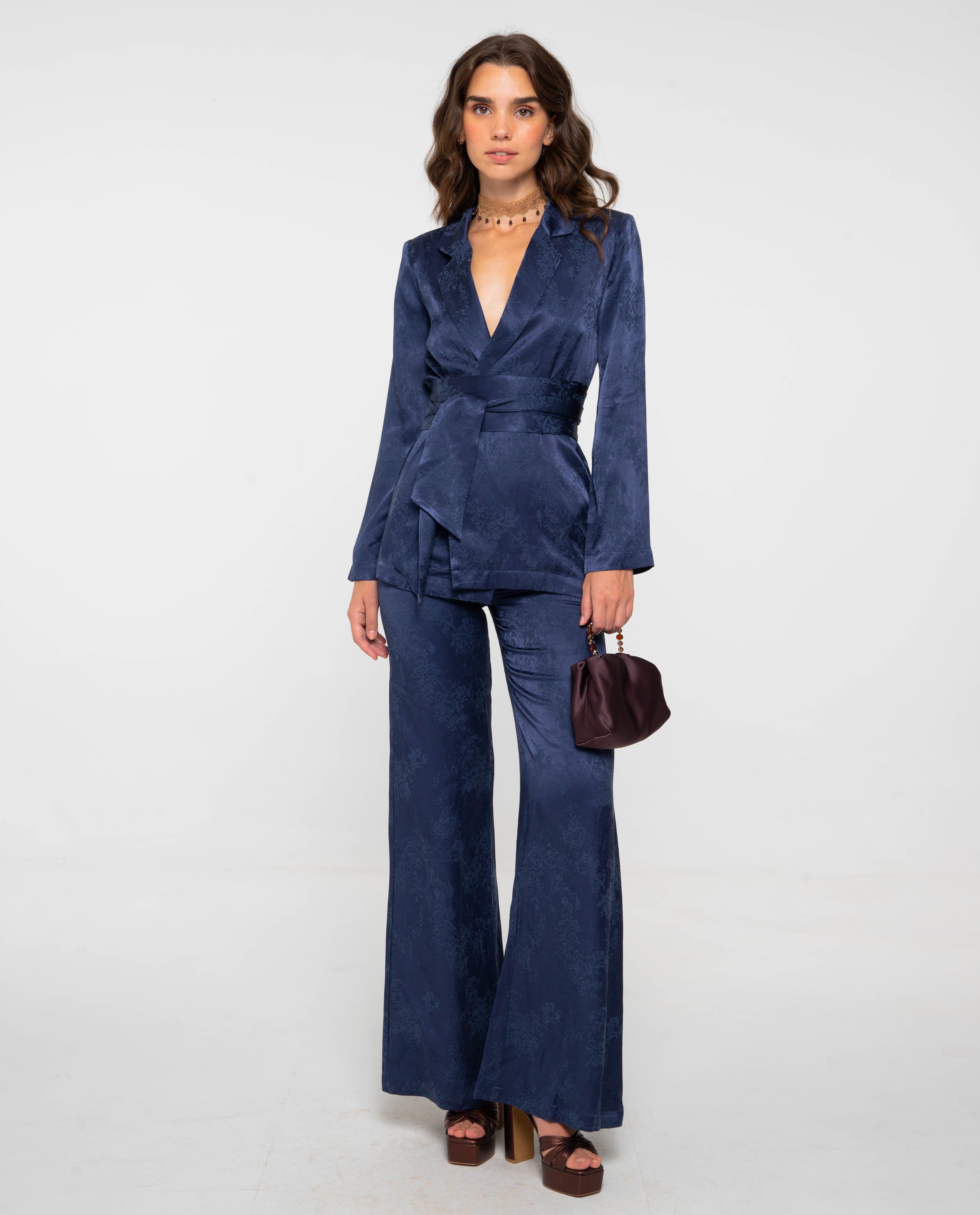 Blazer de traje de mujer con fajín - The-Are - Azul marino Azul marino-4