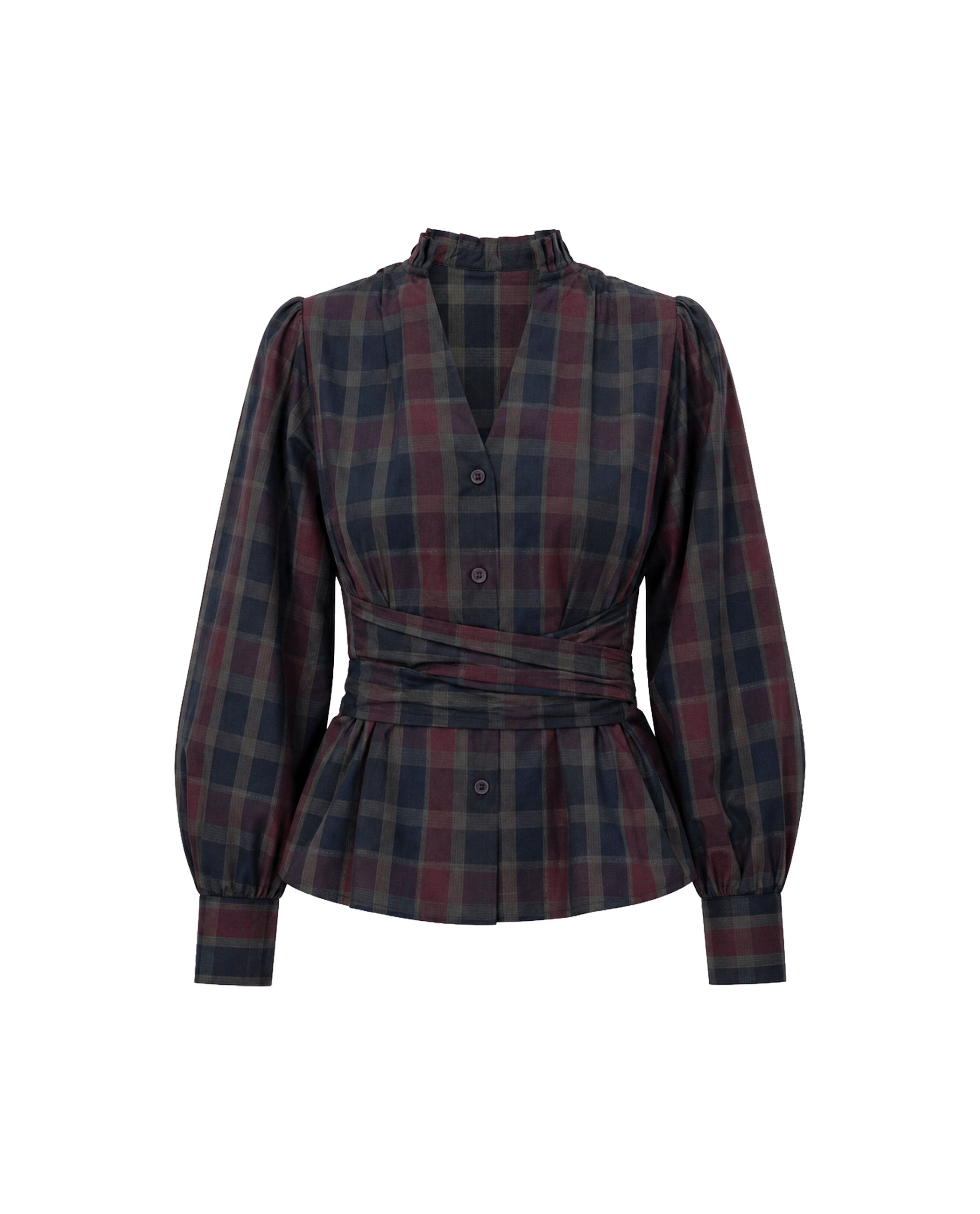 Imagen 0 de Blusa azul de cuadros con escote pico, cuello plisado y cinturón a juego de mujer Kaki