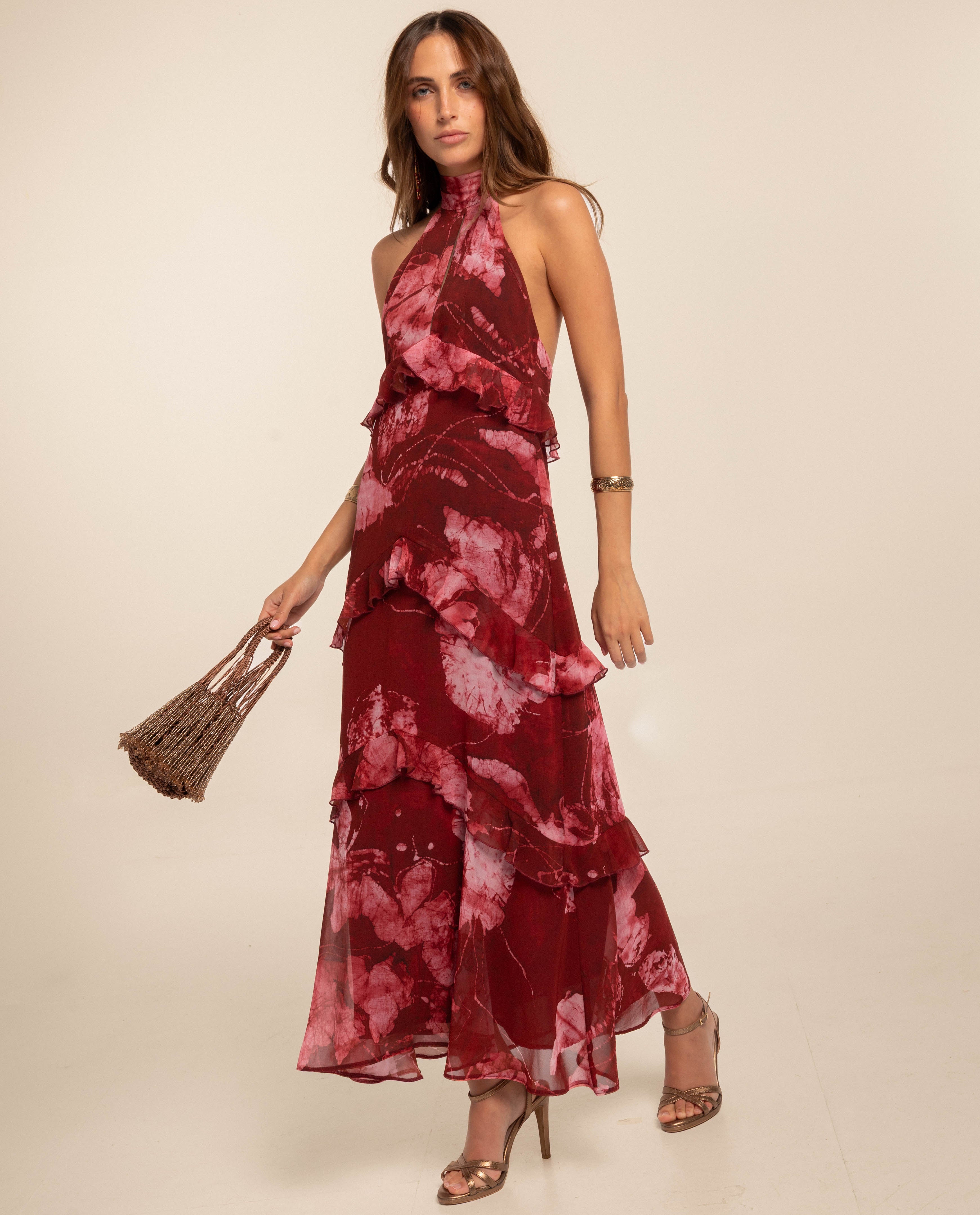 Imagen 0 de Vestido midi con escote halter y volantes Rojo