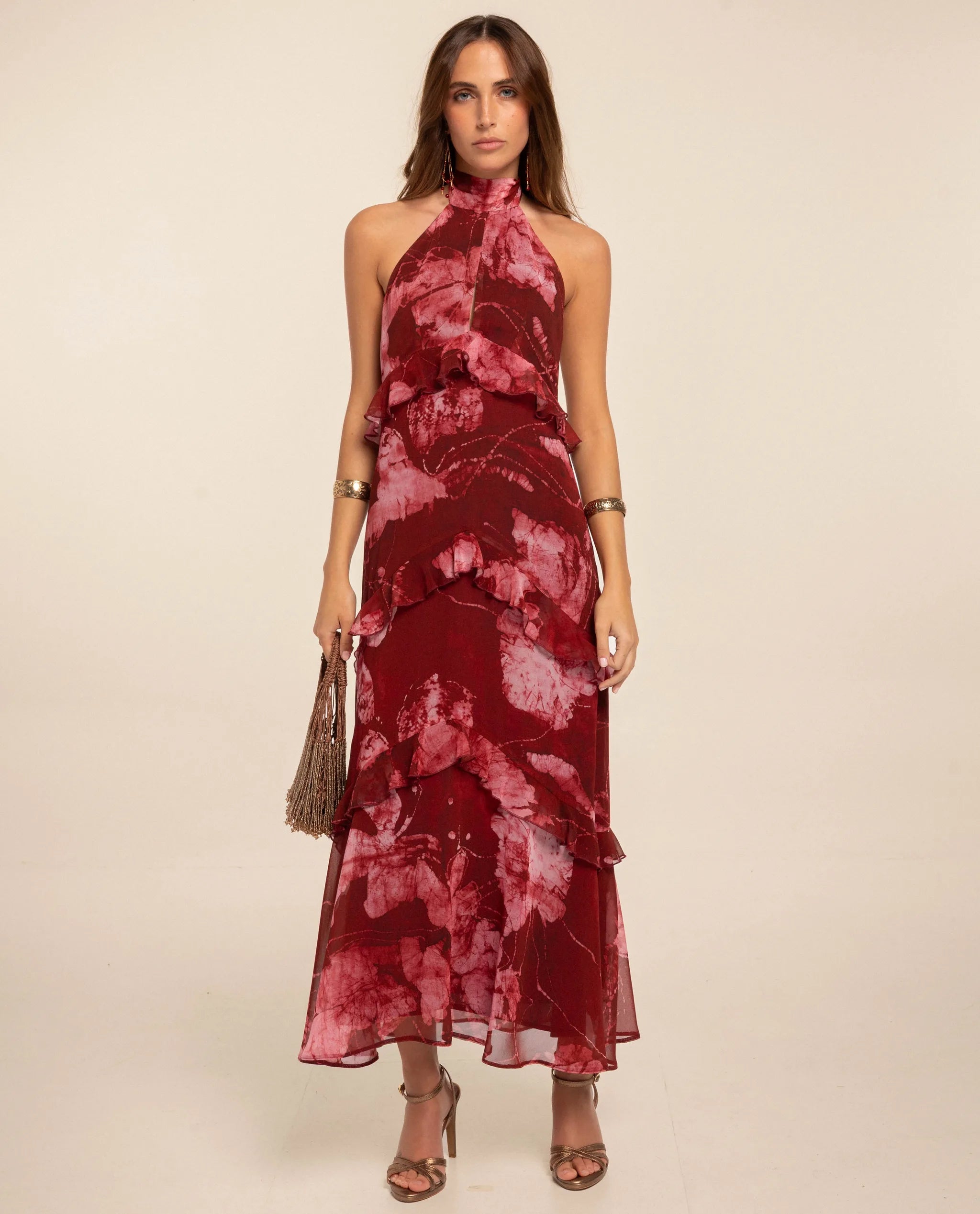 Vestido midi sin mangas con cuello chimenea y volantes - The-Are - Rojo Rojo-2