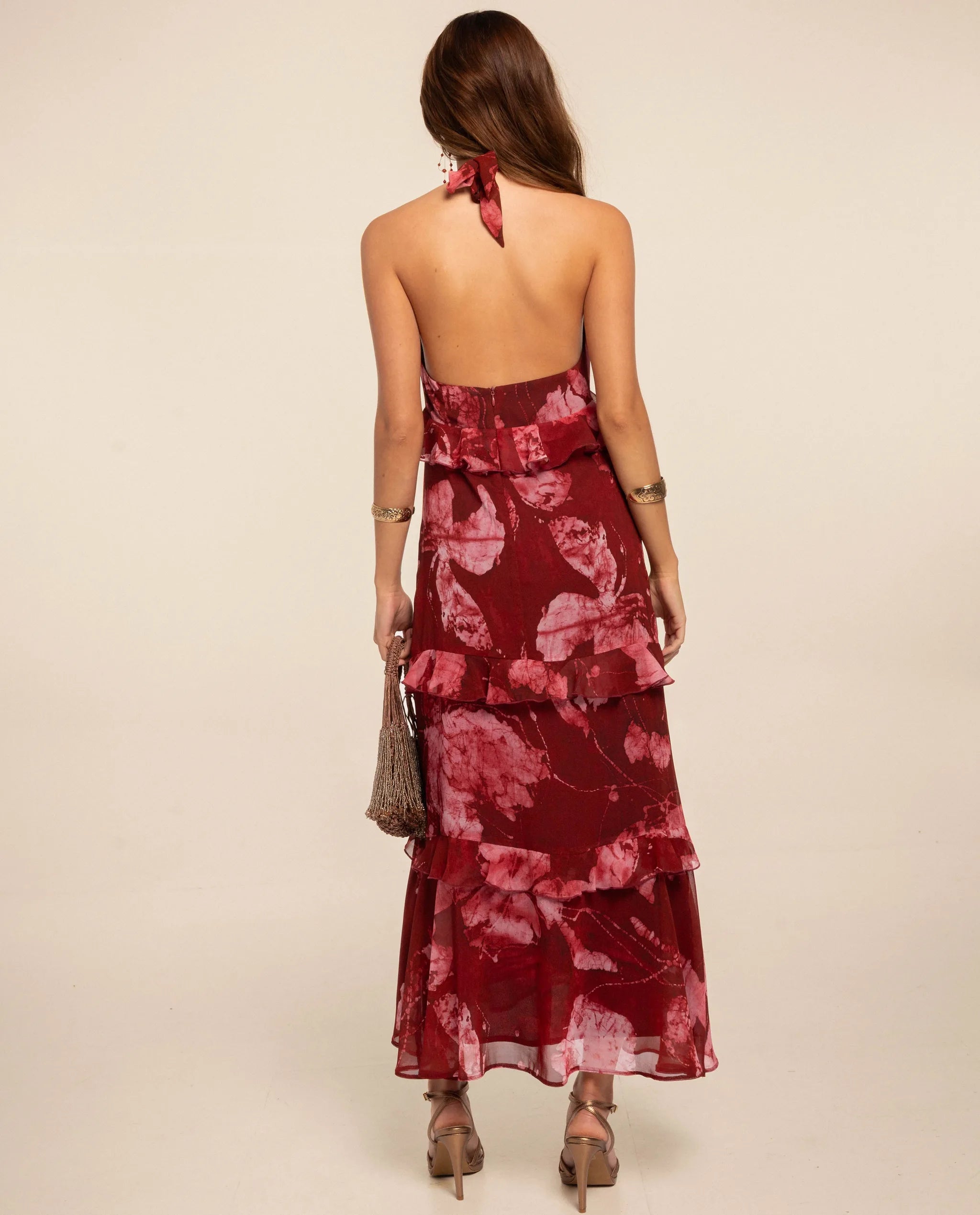 Vestido midi sin mangas con cuello chimenea y volantes - The-Are - Rojo Rojo-3