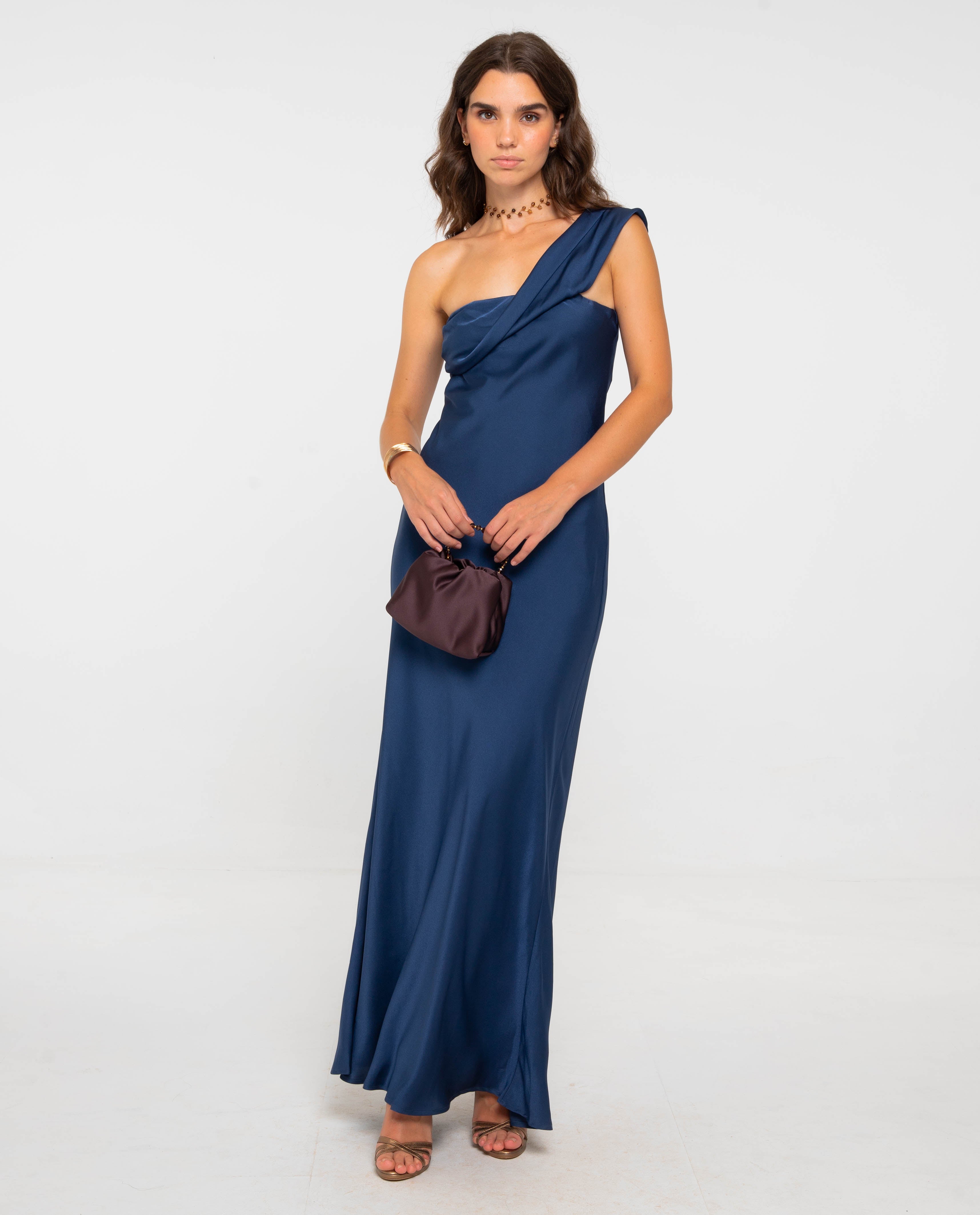 Vestido largo con escote asimétrico - The-Are - Azul marino Azul marino-1