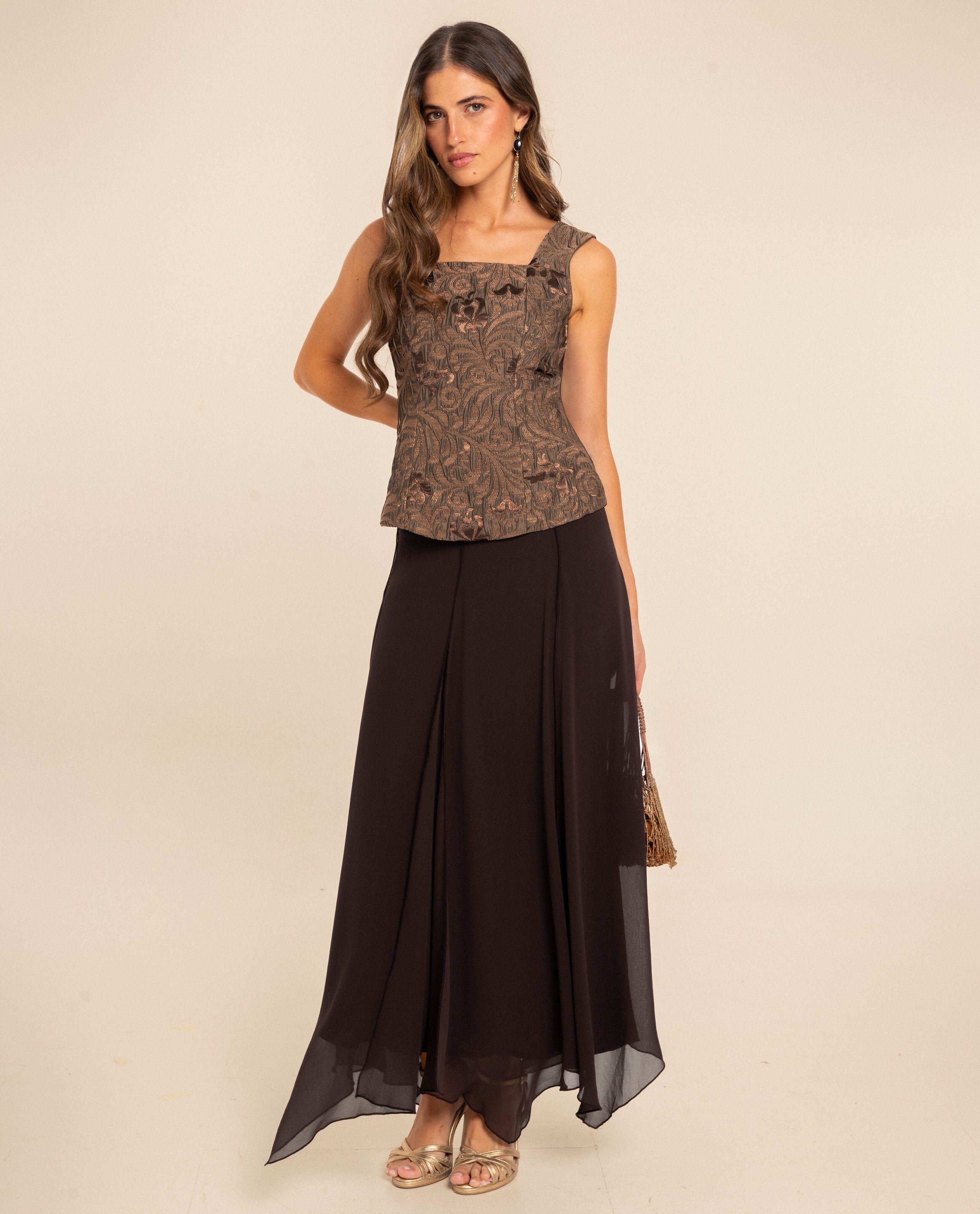Imagen 4 de Top estilo corpiño de tirantes con brocado de mujer - The-Are - Camel Camel