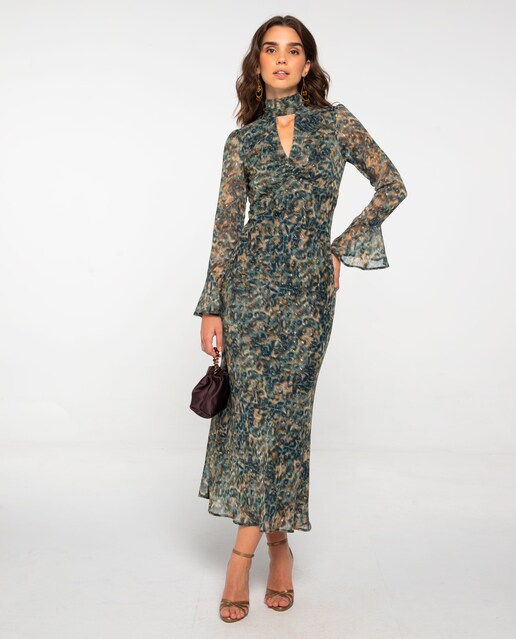 Imagen 0 de Vestido midi estampado con manga larga y escote en pico con lazada