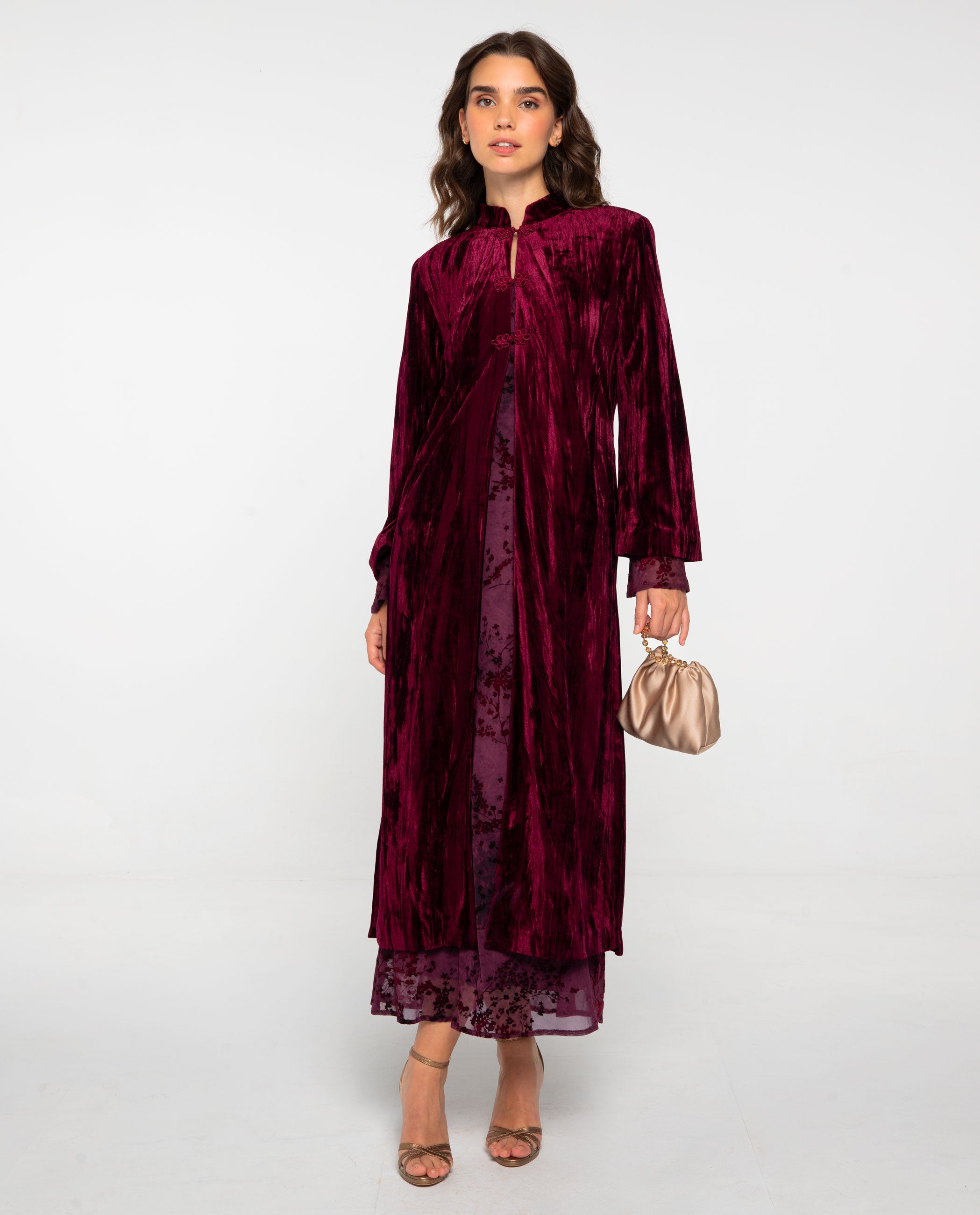 Caftan de mujer de terciopelo y cuello mao - The-Are - Burdeos Burdeos-1