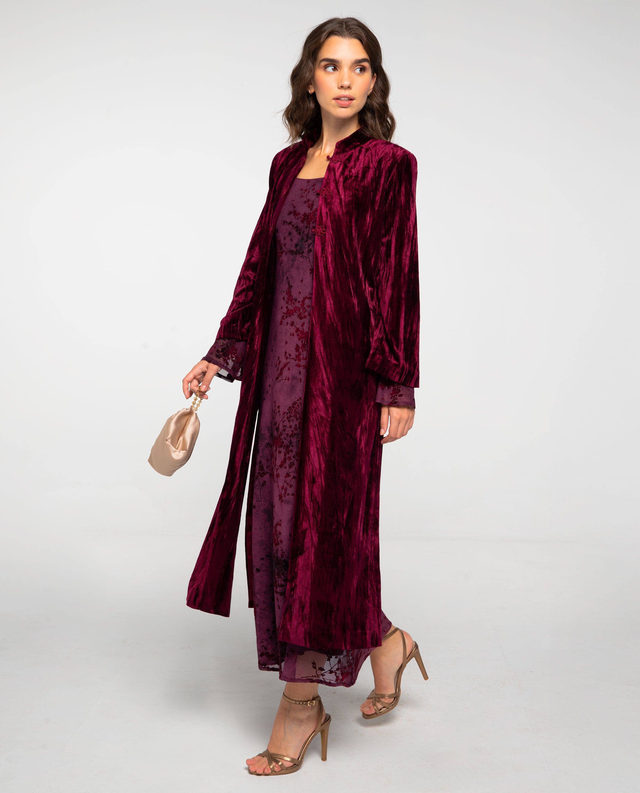 Caftan de mujer de terciopelo y cuello mao - The-Are - Burdeos Burdeos-2