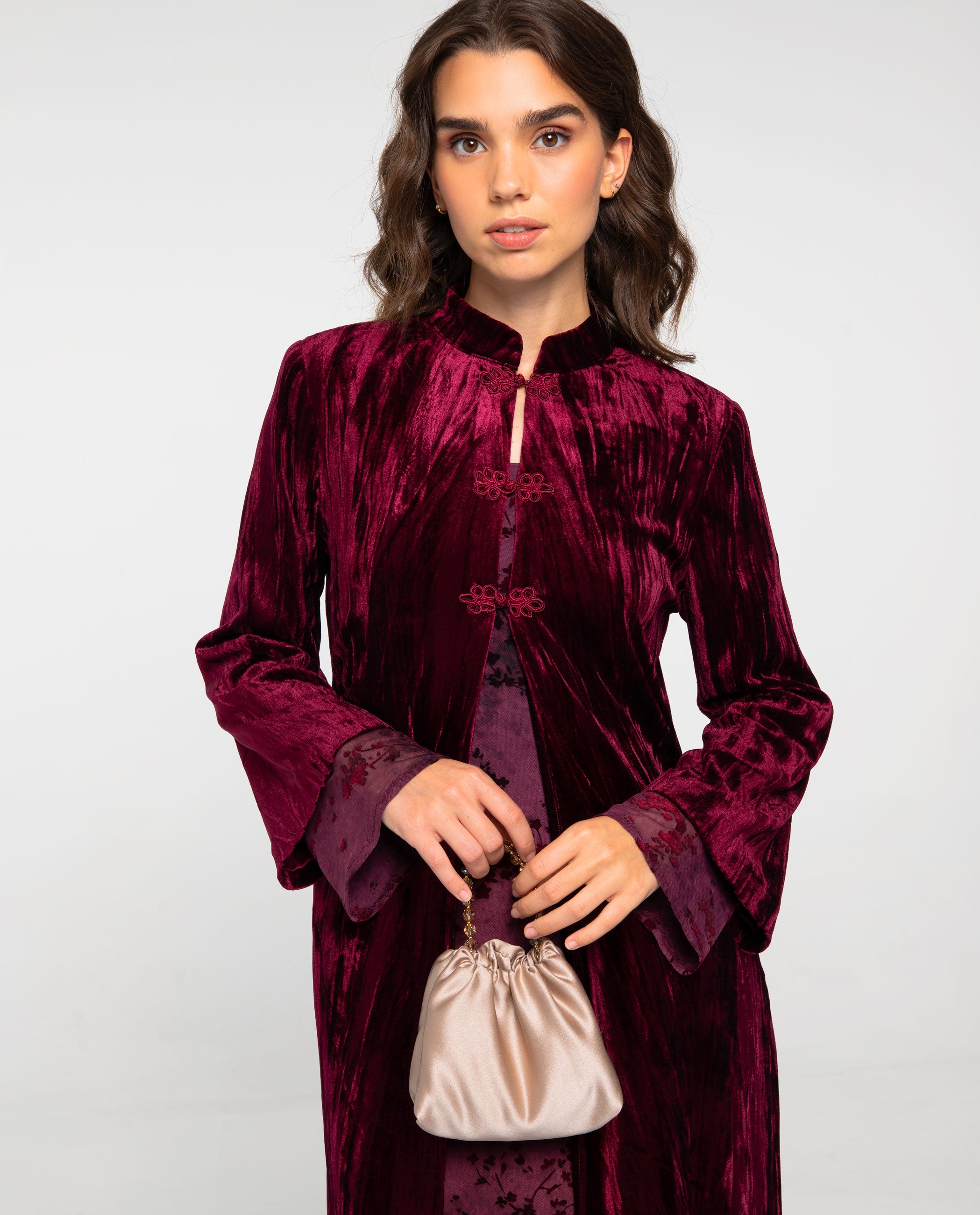 Caftan de mujer de terciopelo y cuello mao - The-Are - Burdeos Burdeos-4