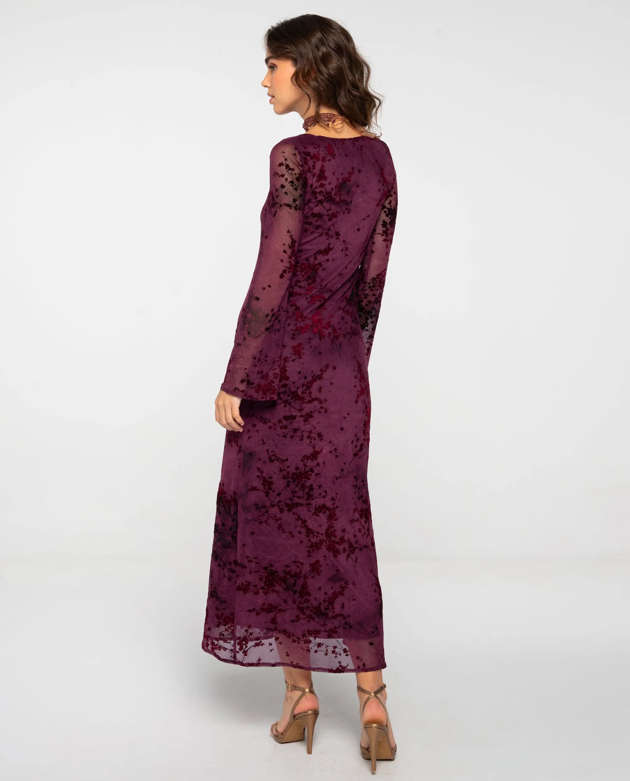 Vestido largo flocado granate con escote cuadrado - The-Are - Granate Granate-3