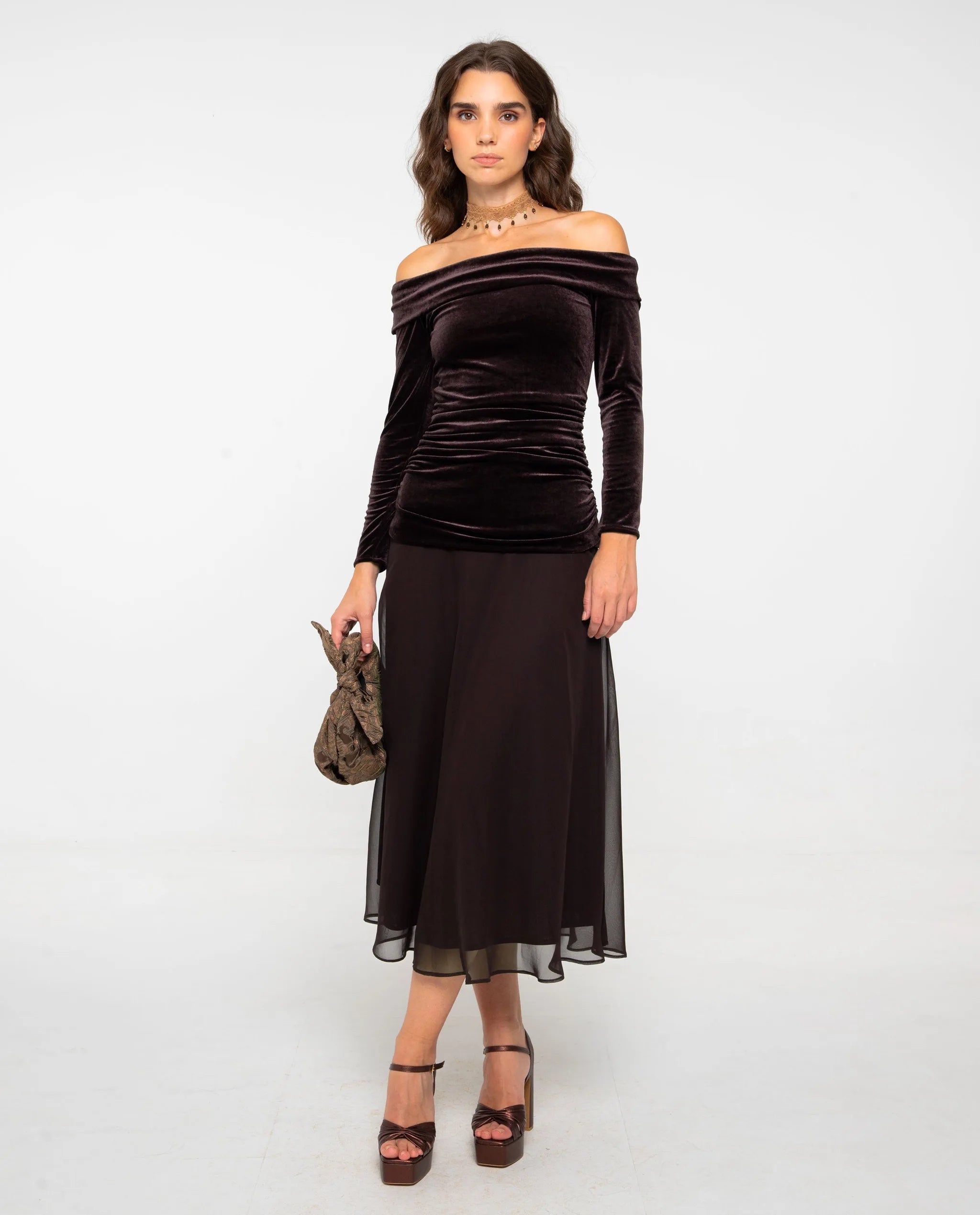 Vestido midi de punto elástico con flecos y corte ajustado - The-Are - Marrón Marrón-1