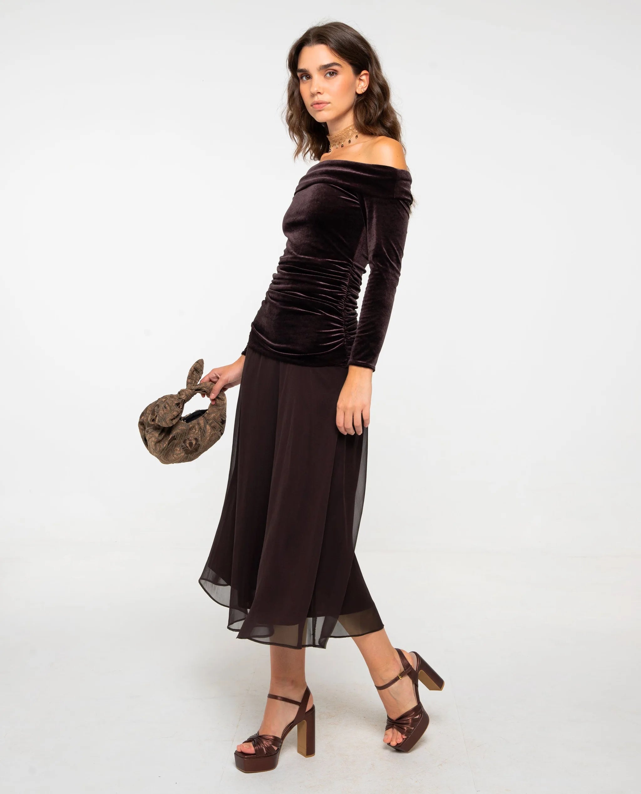 Vestido midi de punto elástico con flecos y corte ajustado - The-Are - Marrón Marrón-2